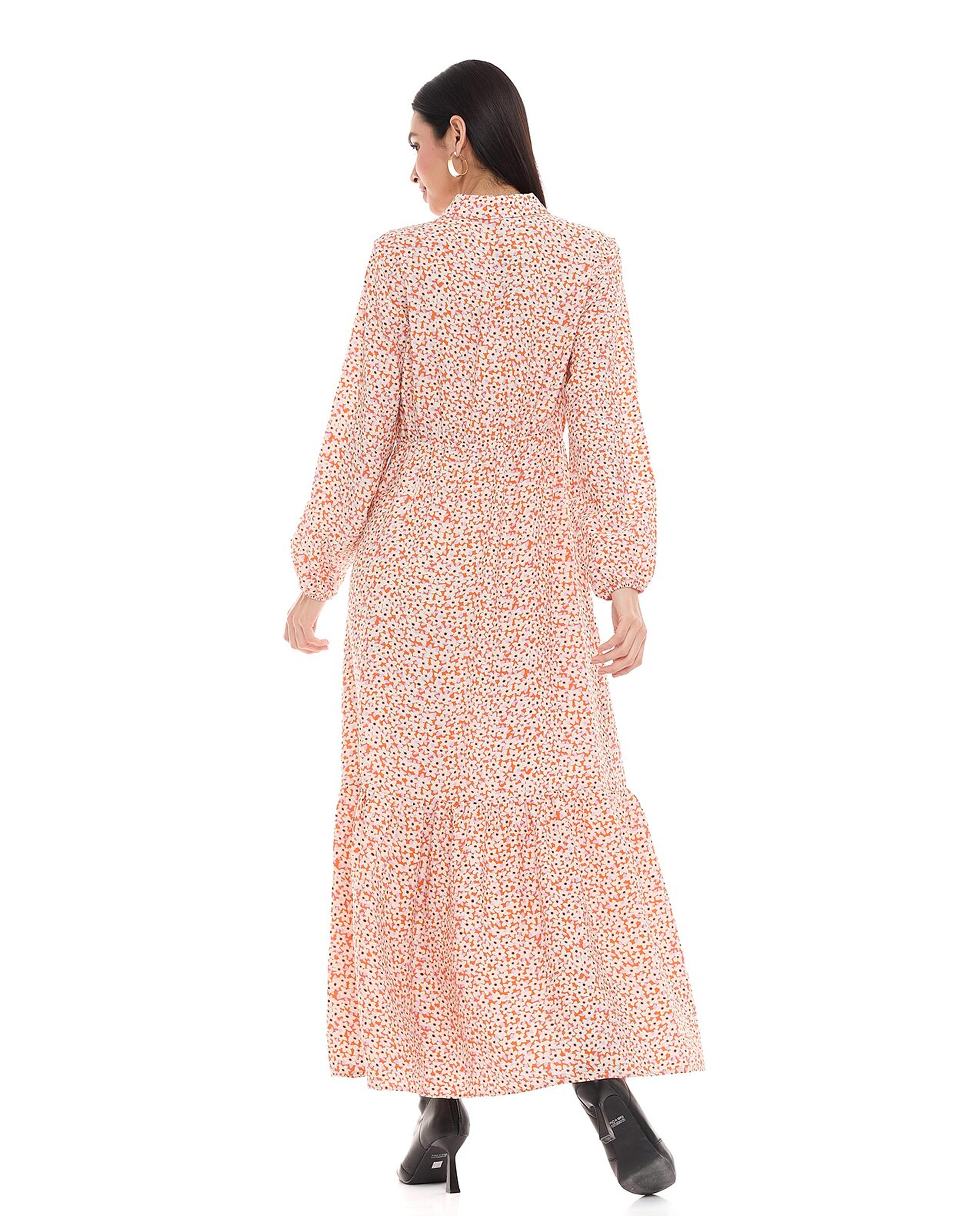 Floral Patterned Maxi Dress with Classic Collar and Long Sleeves