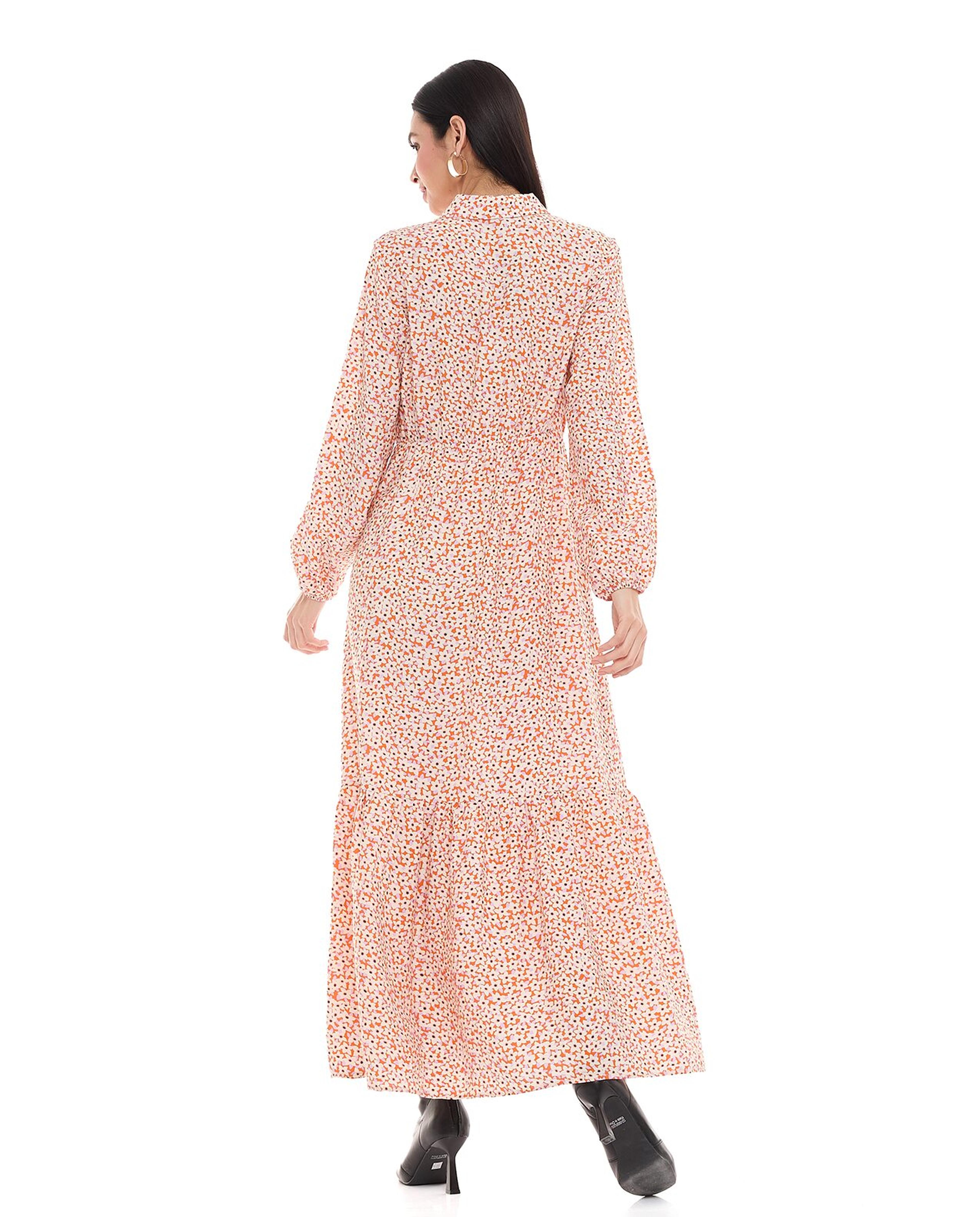 Floral Patterned Maxi Dress with Classic Collar and Long Sleeves