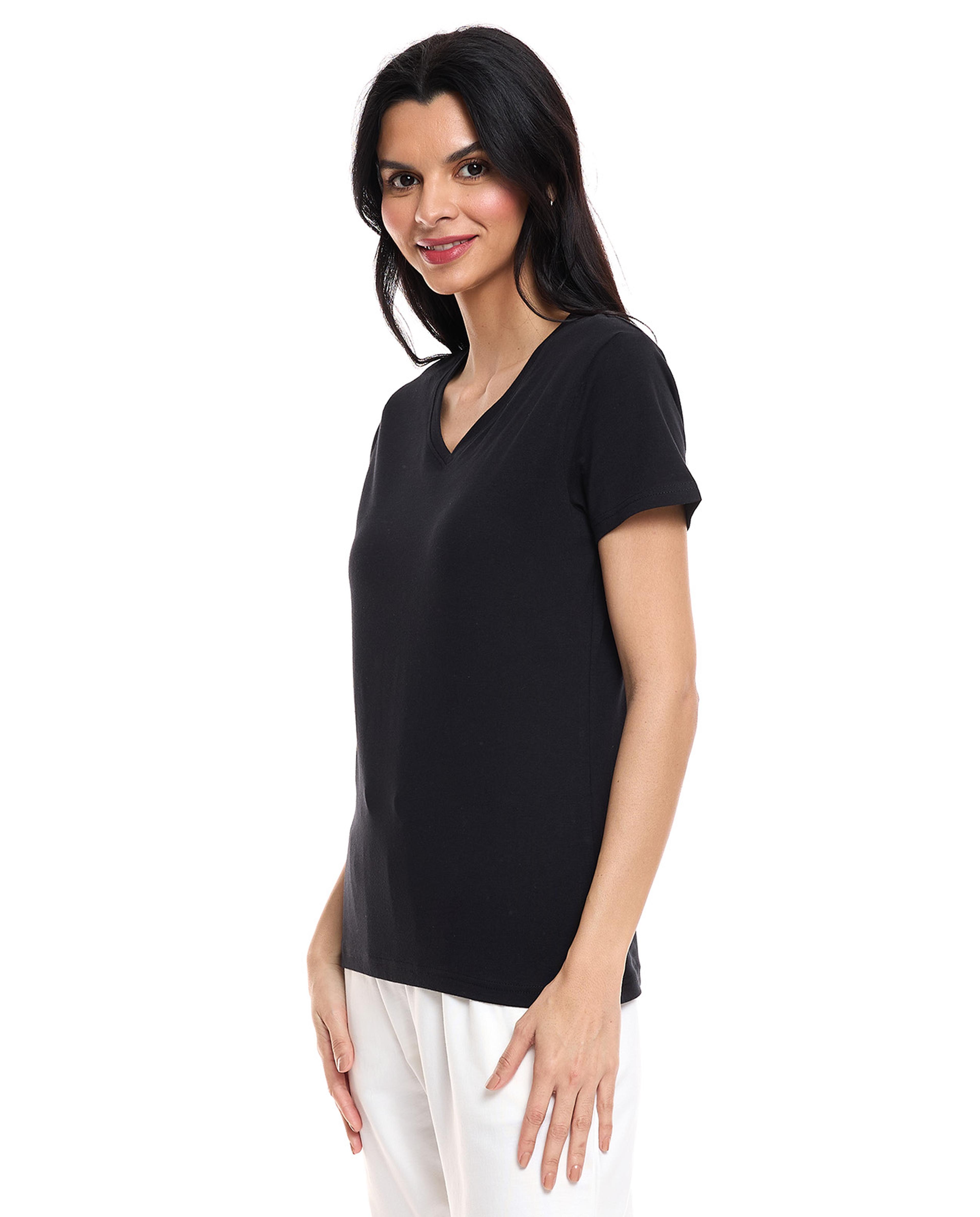 Solid T-Shirt with V-Neck and Short Sleeves