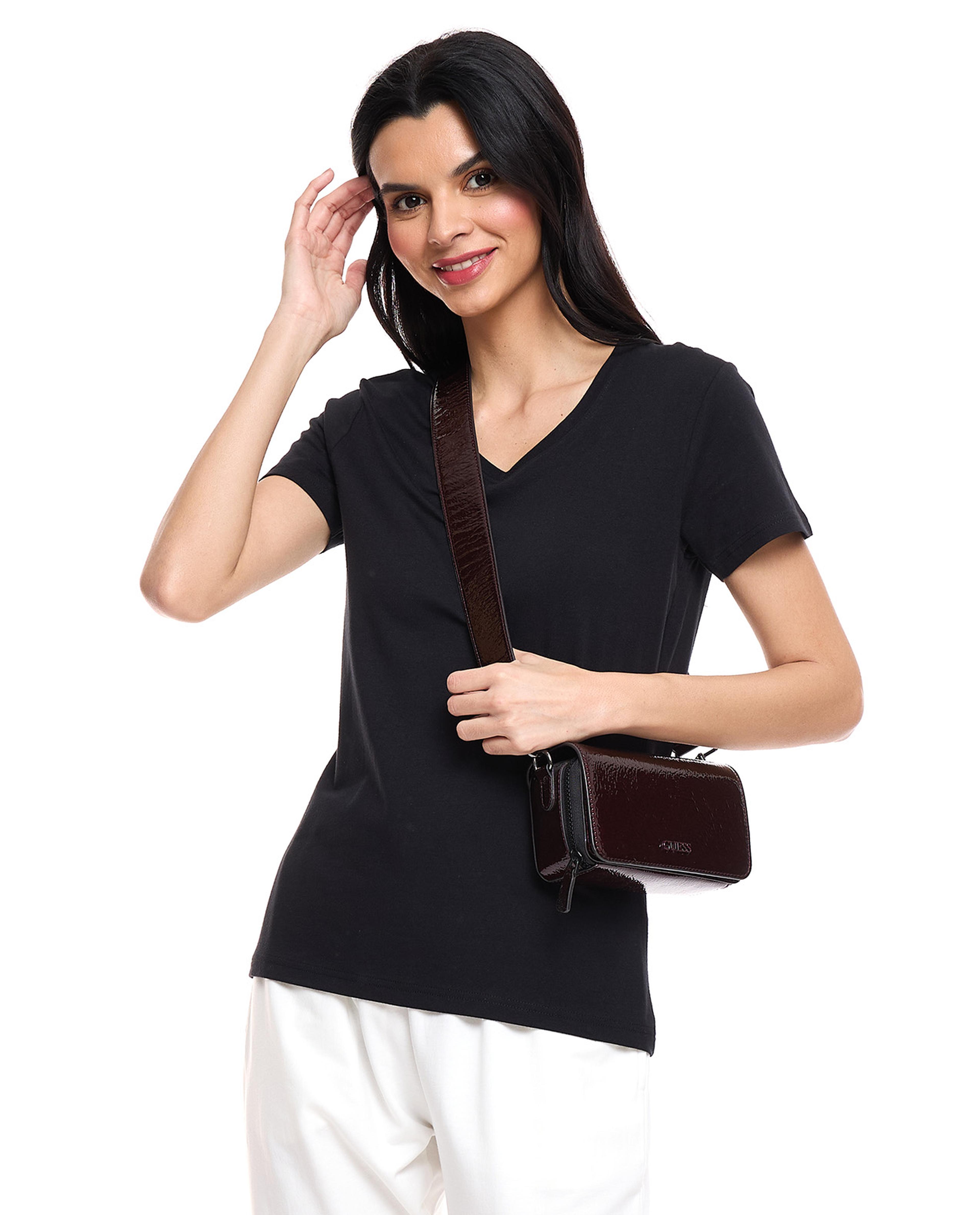 Solid T-Shirt with V-Neck and Short Sleeves