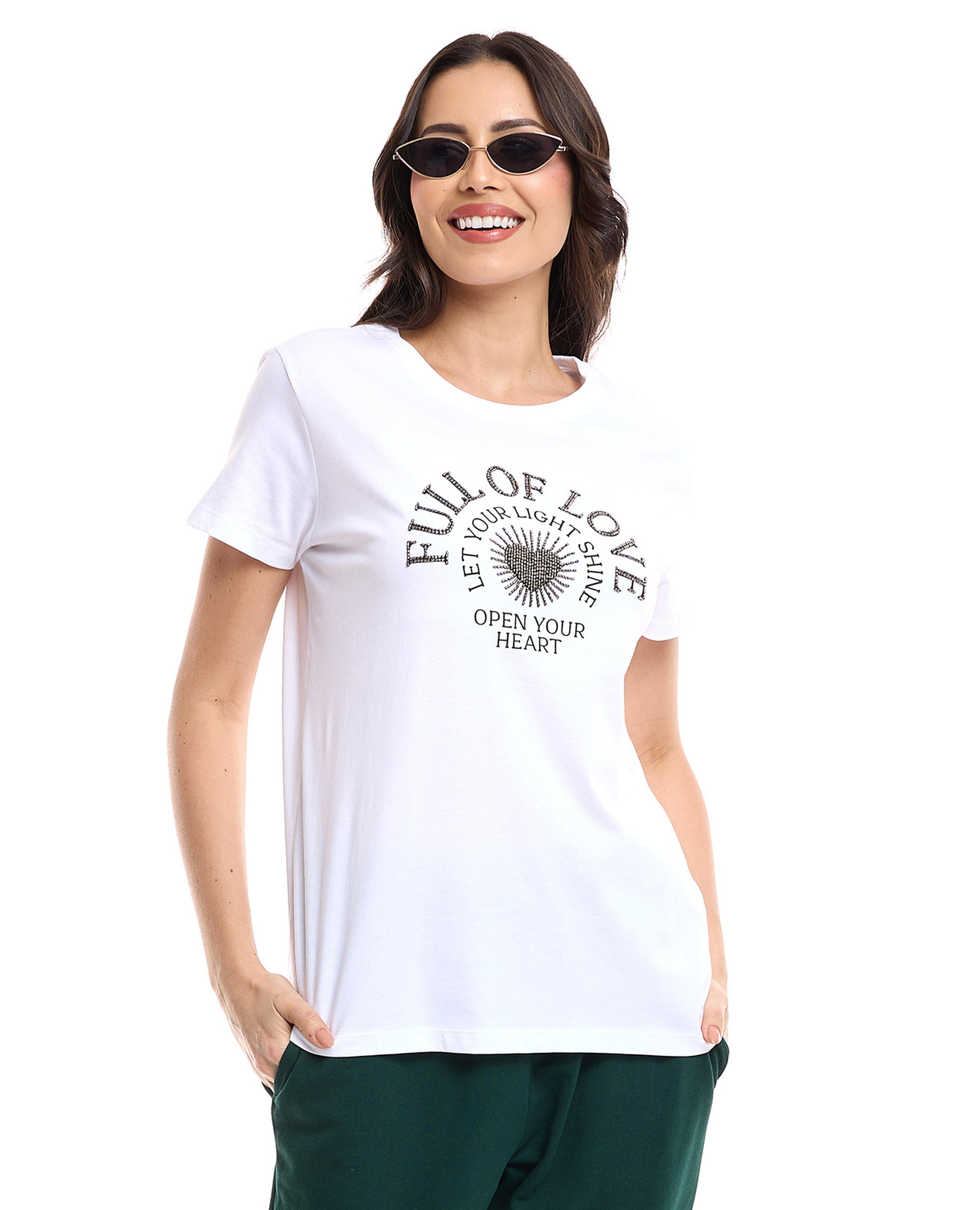 Beaded T-Shirt with Crew Neck and Short Sleeves