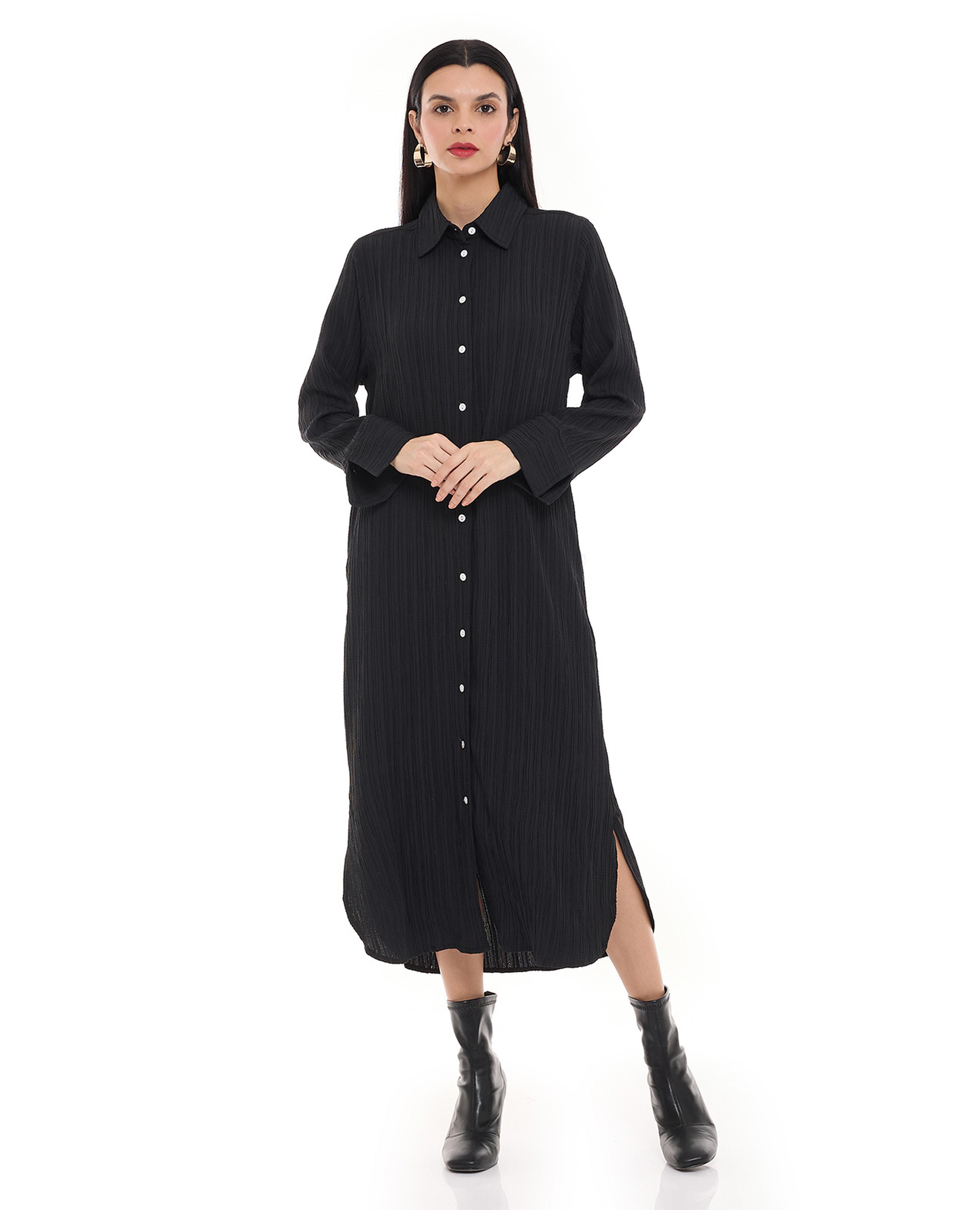 Crinkled Shirt Dress with Classic Collar and Long Sleeves