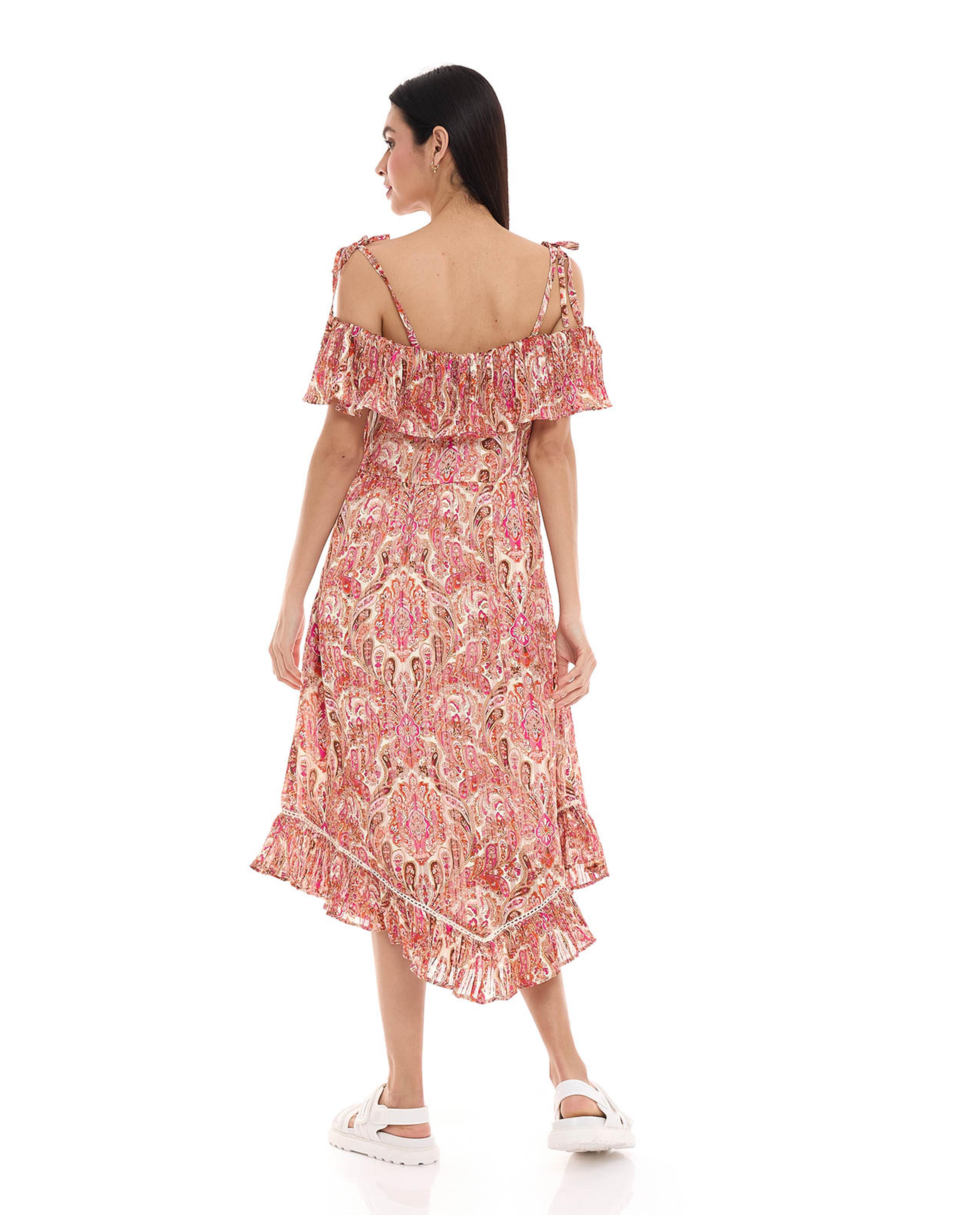 Patterned Asymmetric Dress with Off Shoulder