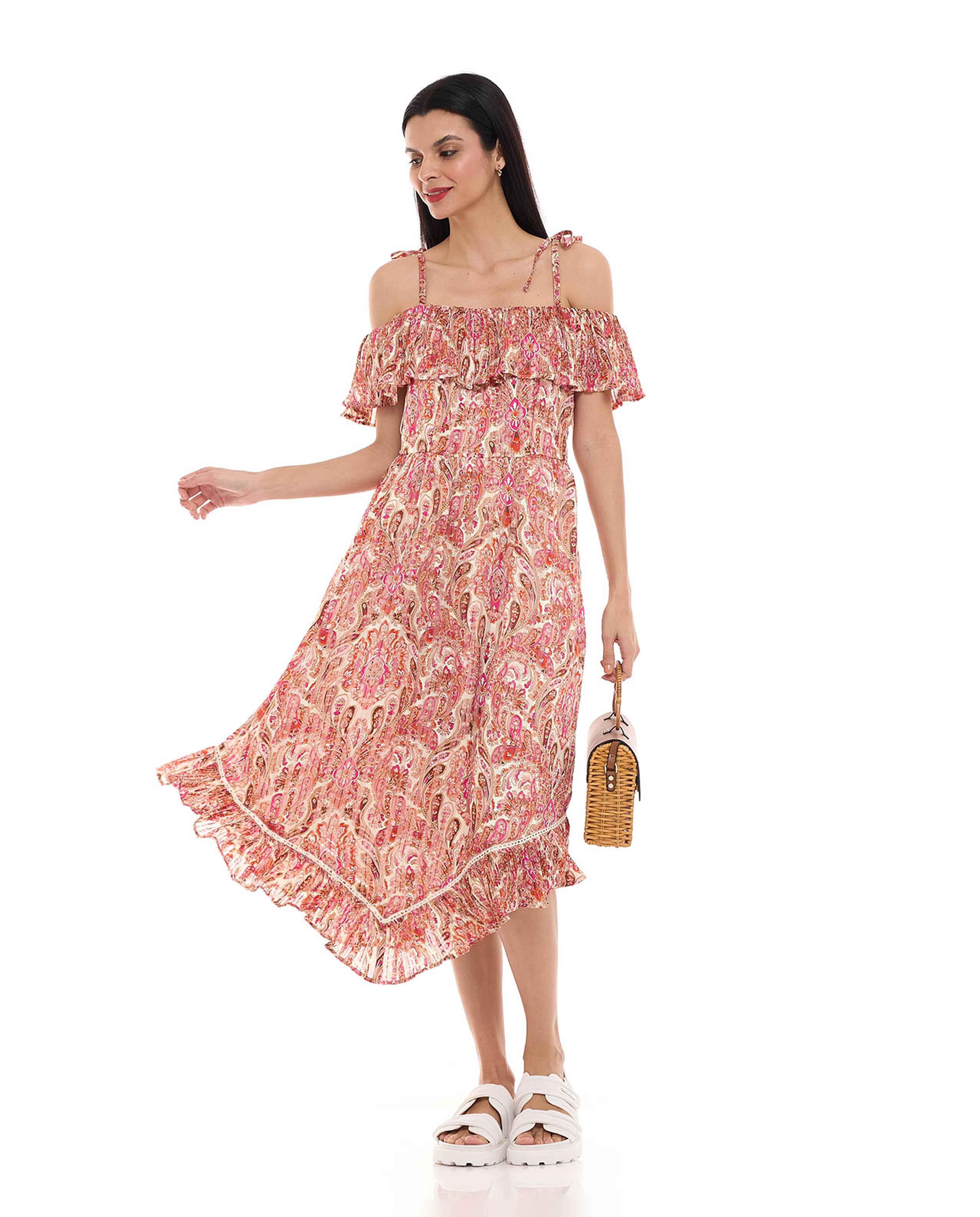 Patterned Asymmetric Dress with Off Shoulder