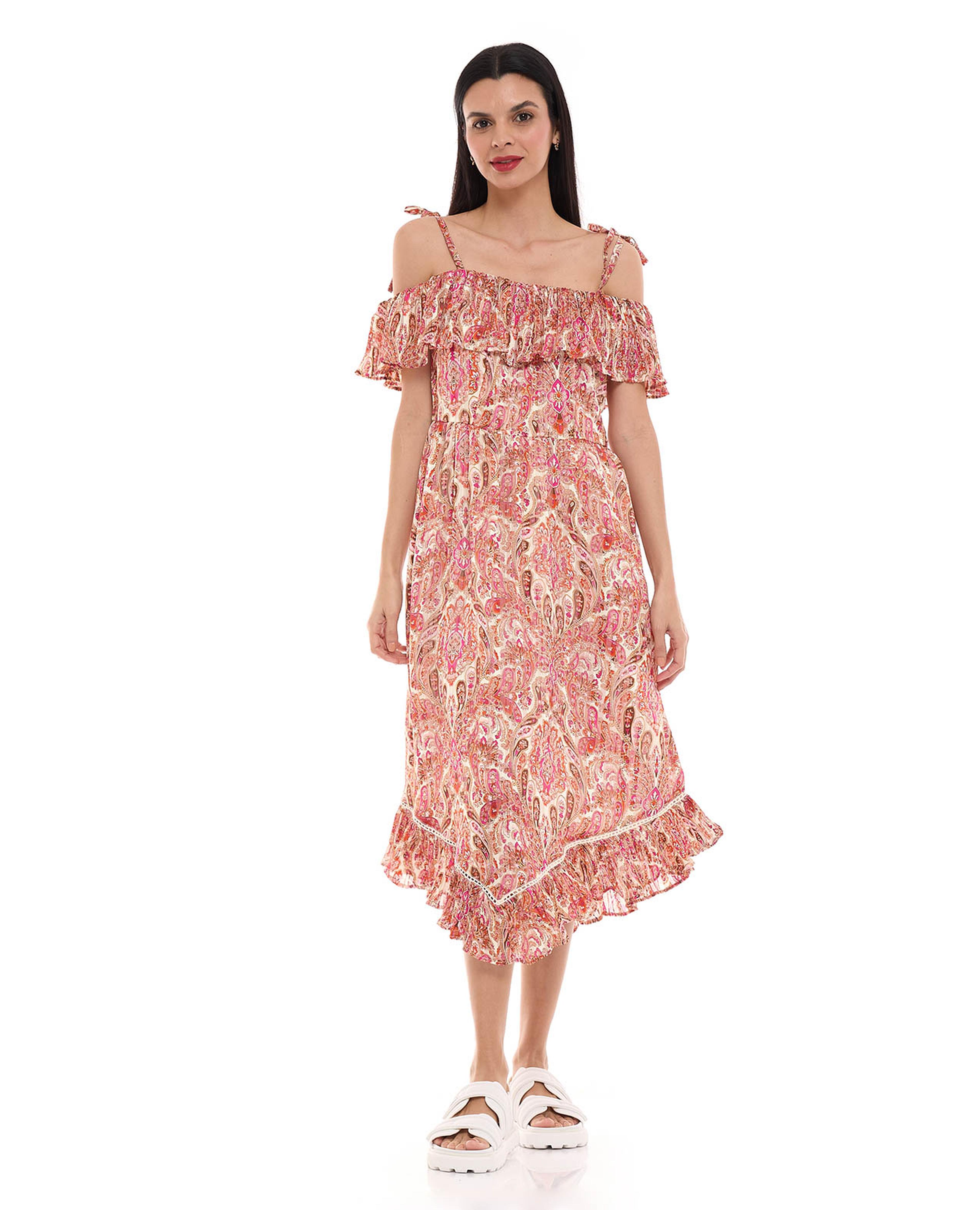 Patterned Asymmetric Dress with Off Shoulder