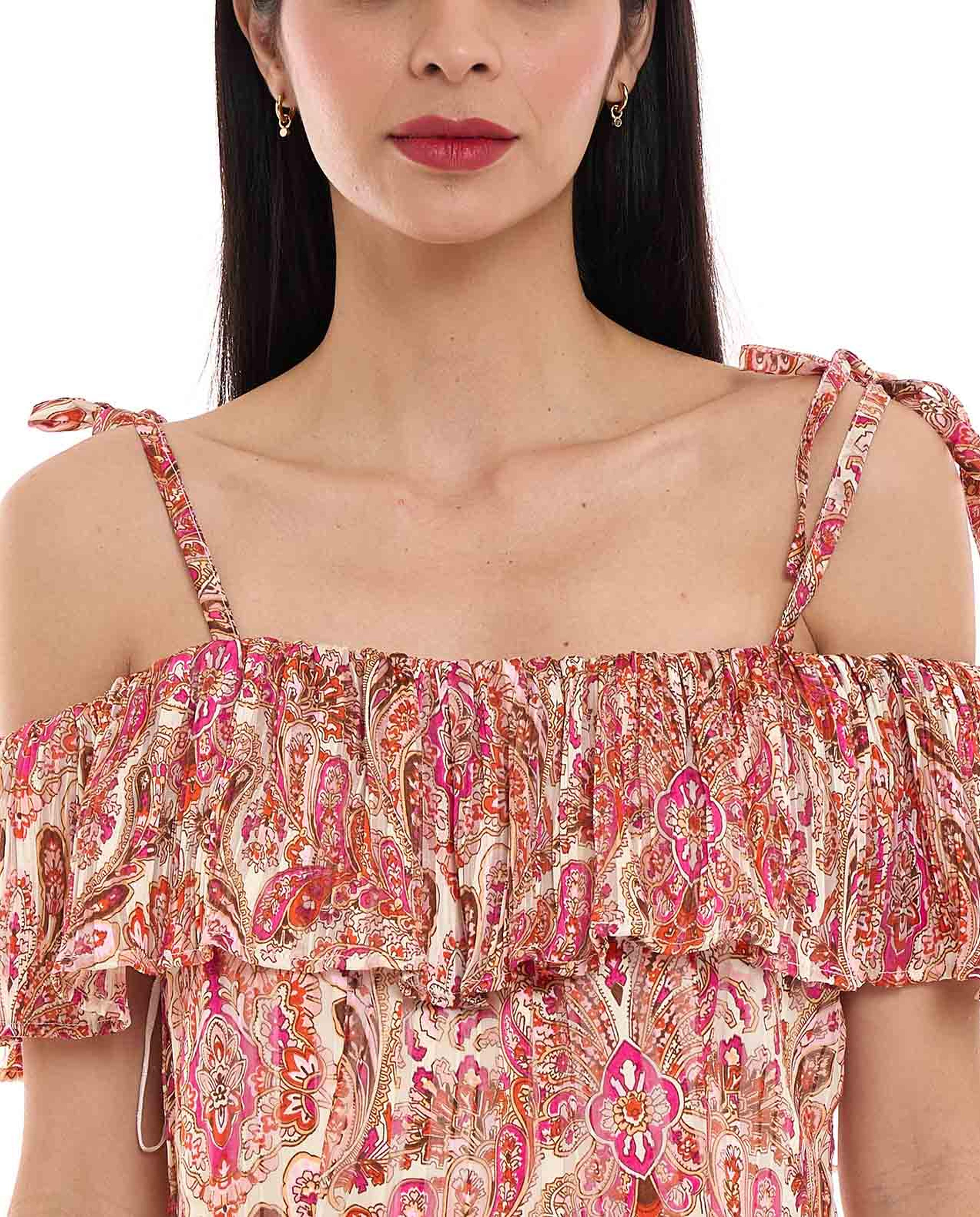 Patterned Asymmetric Dress with Off Shoulder