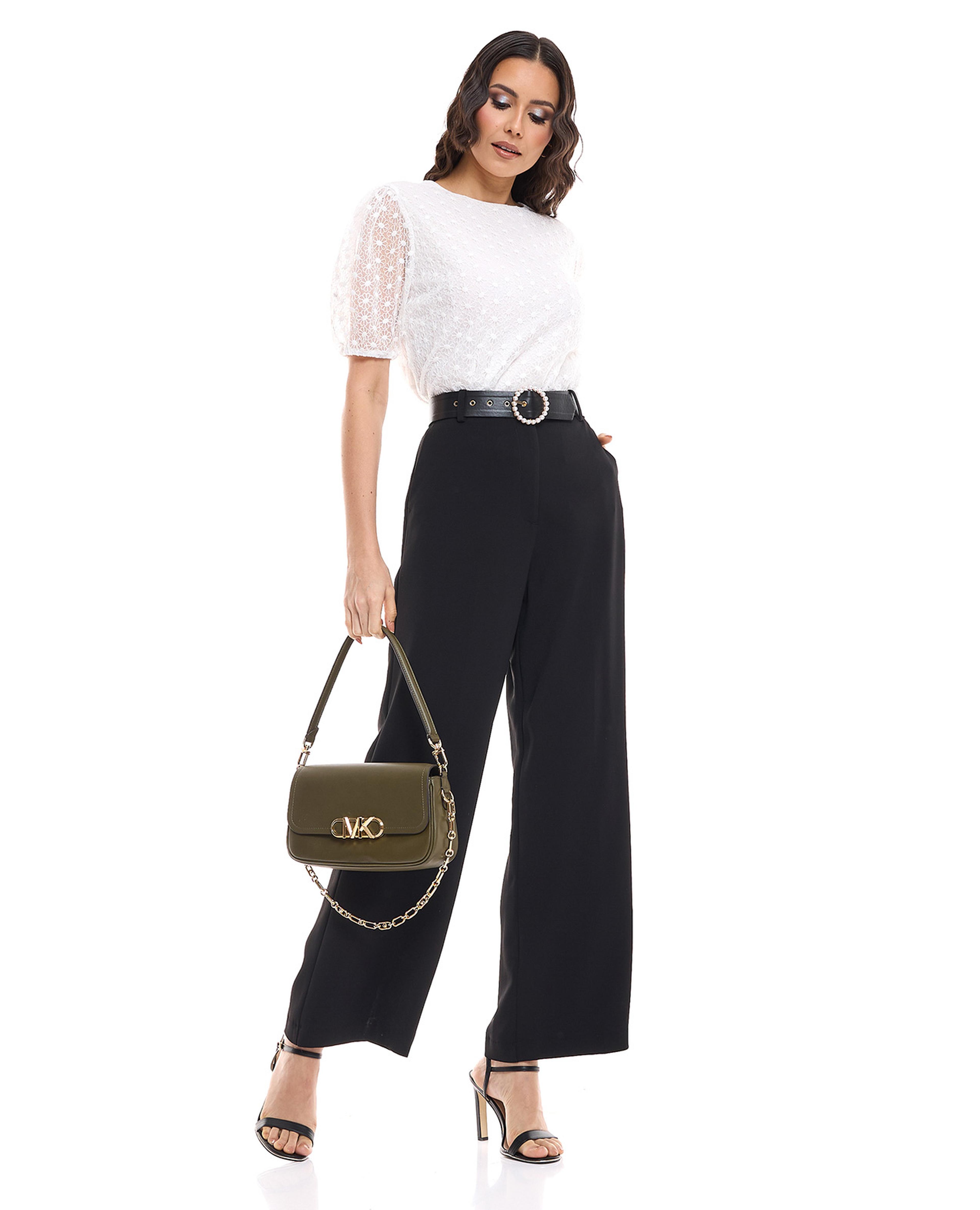 Pearl Embellished Belted Wide Leg Trousers
