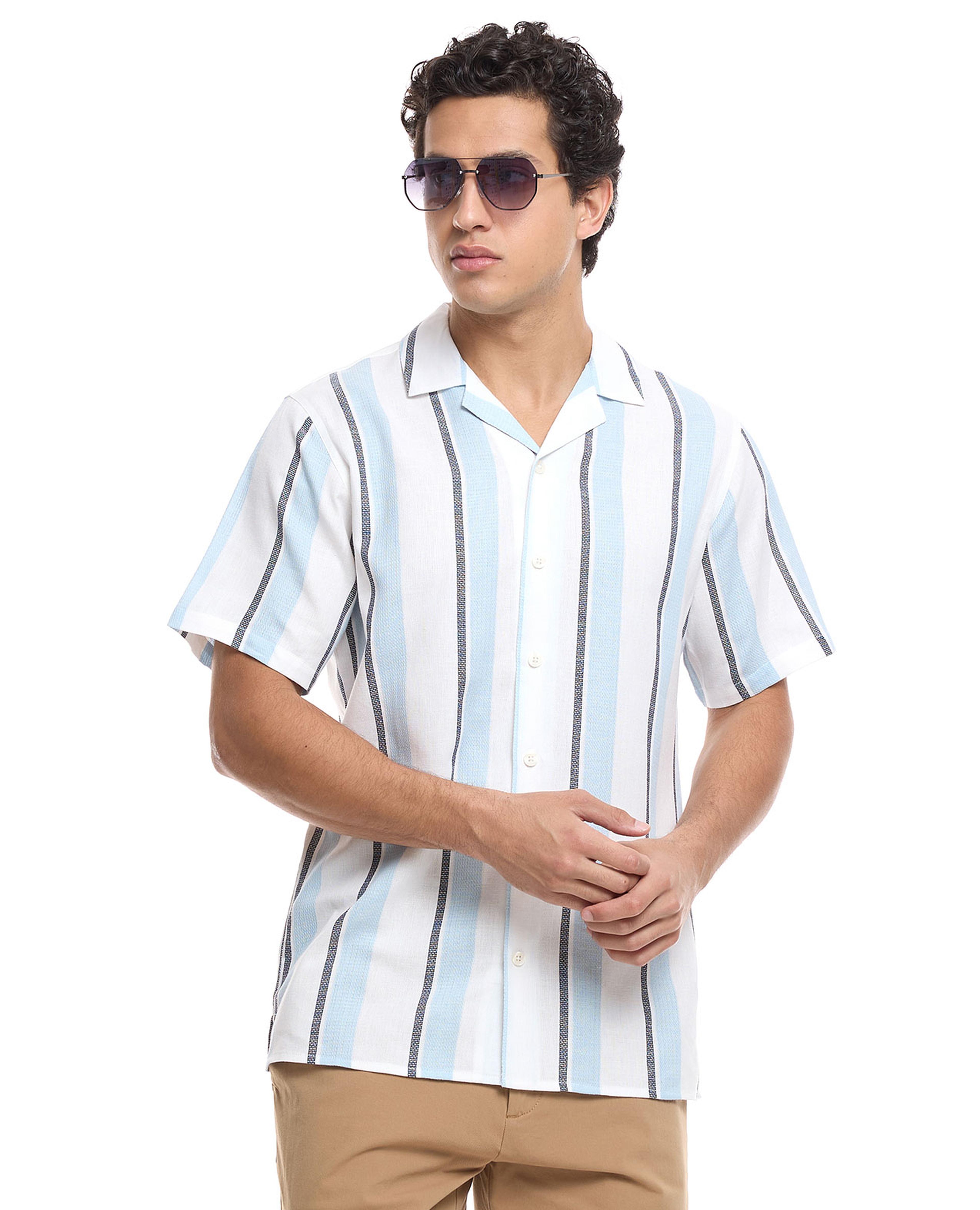 Striped Shirt with Revere Collar and Short Sleeves