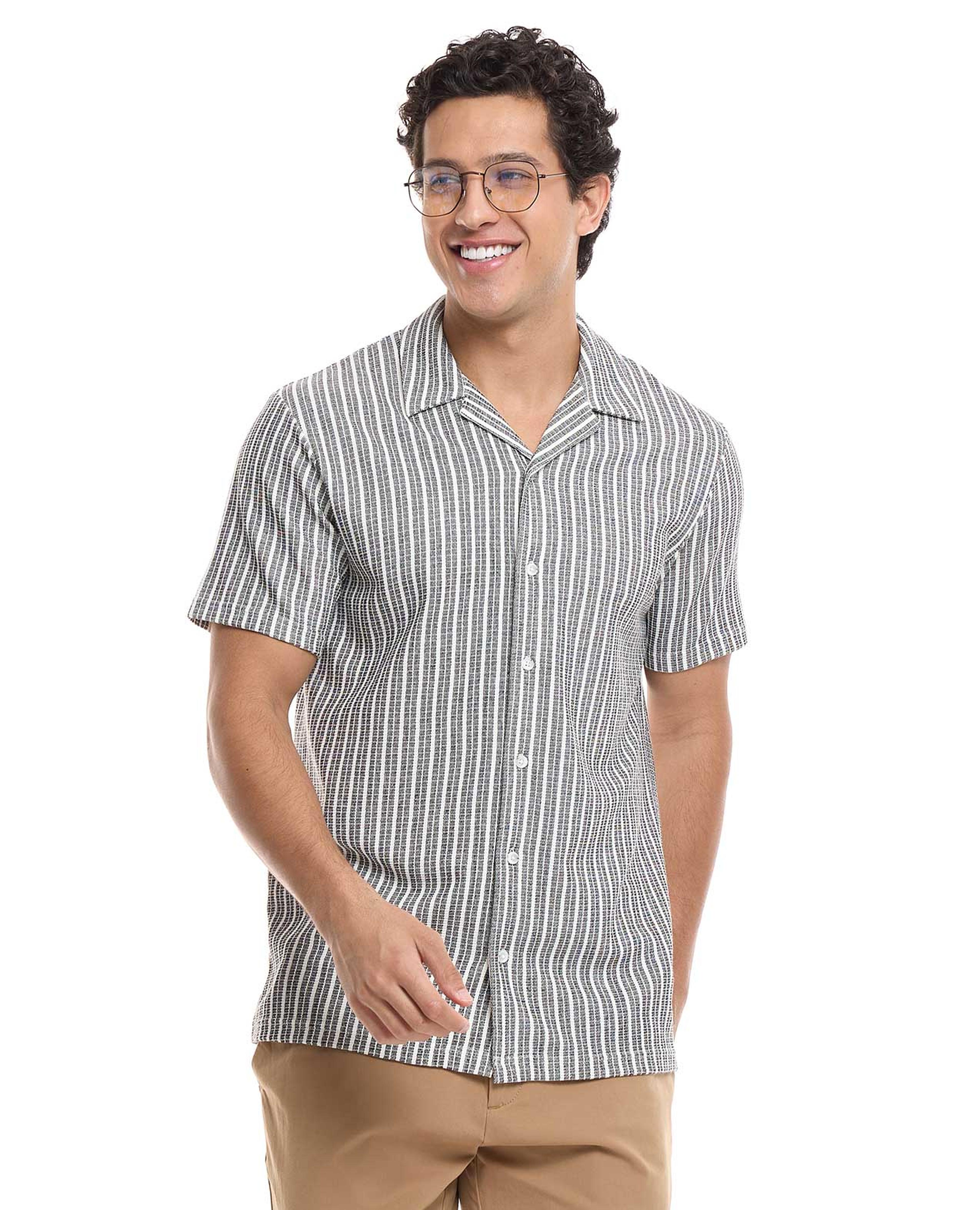 Striped Shirt with Revere Collar and Short Sleeves
