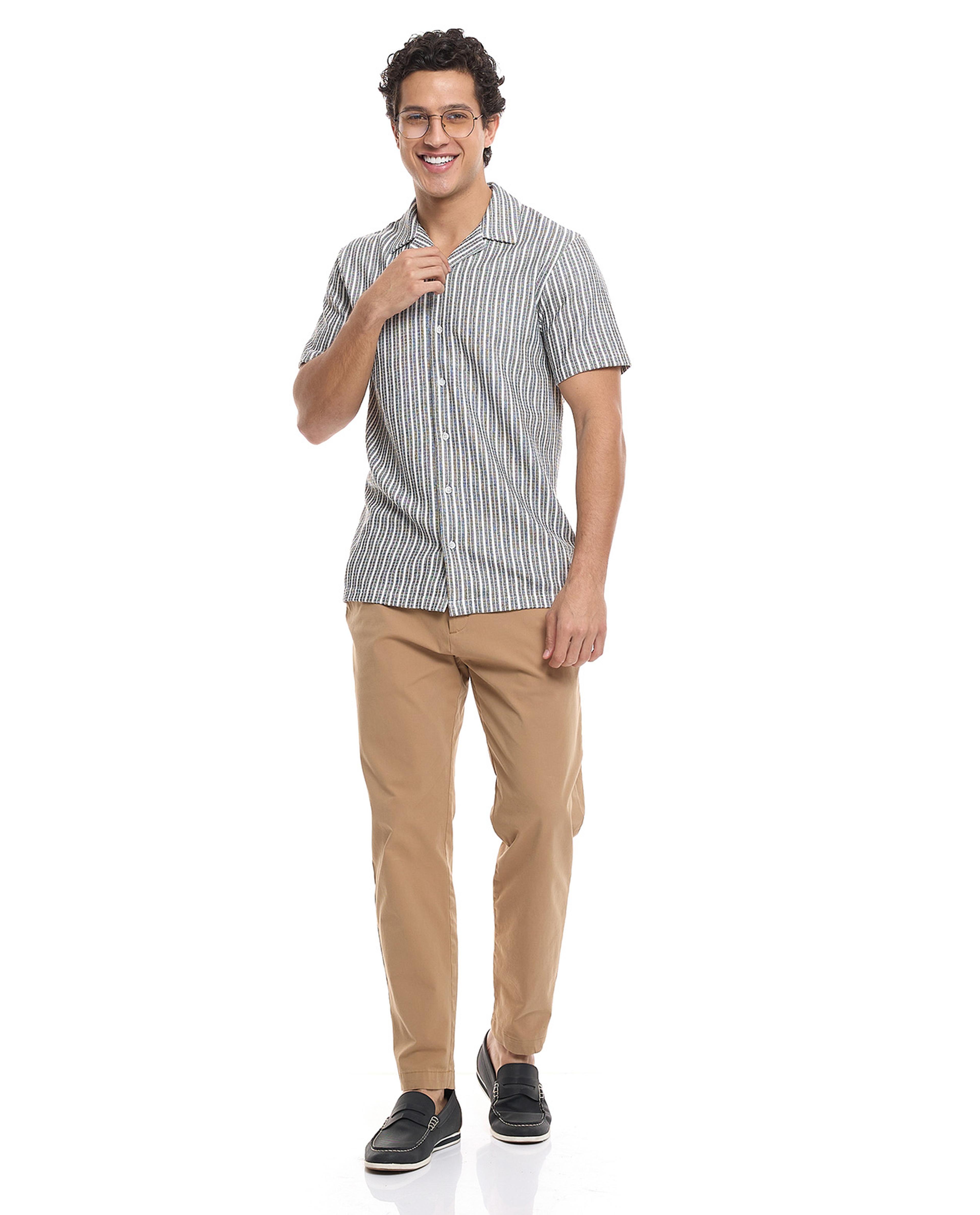 Striped Shirt with Revere Collar and Short Sleeves