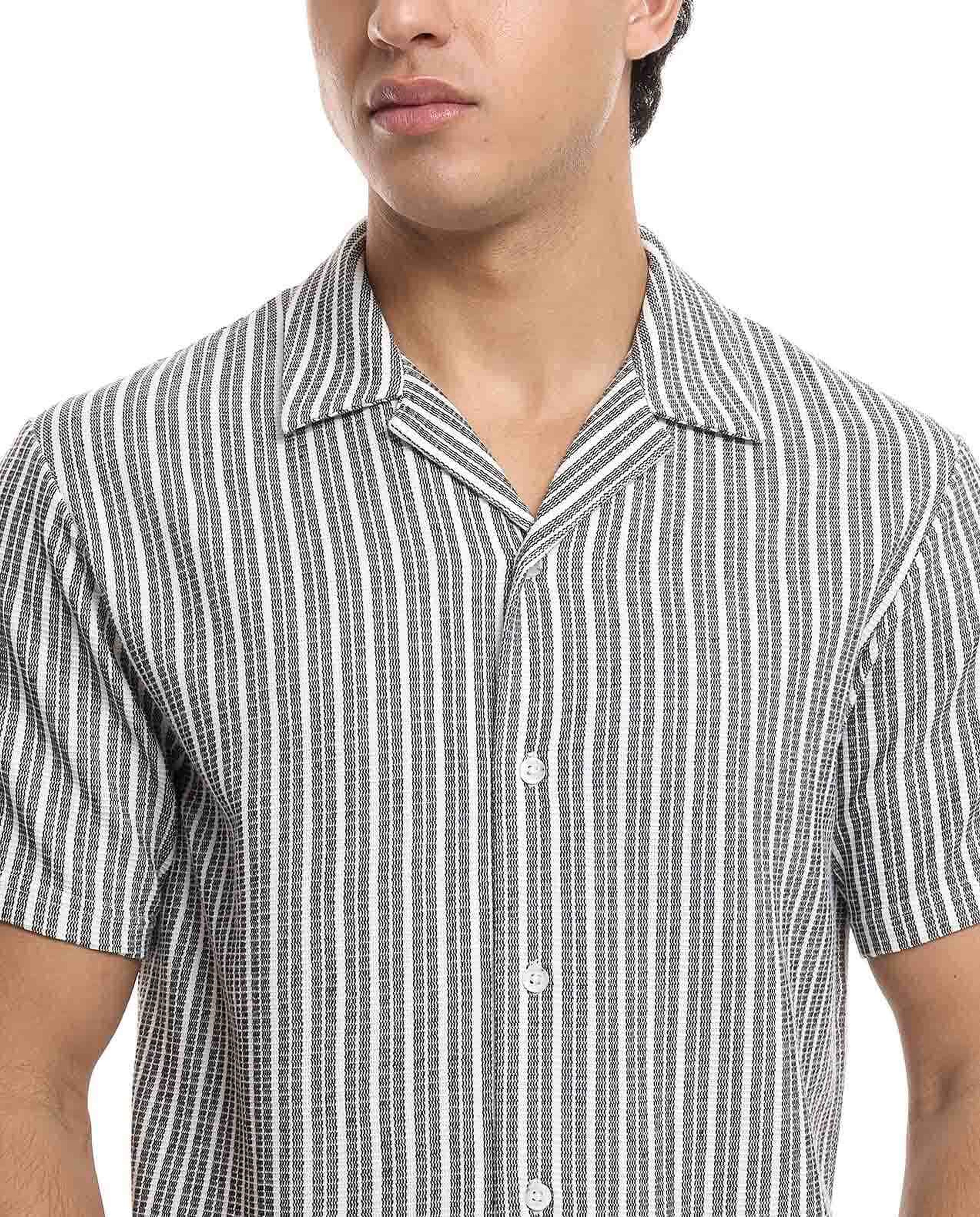 Striped Shirt with Revere Collar and Short Sleeves