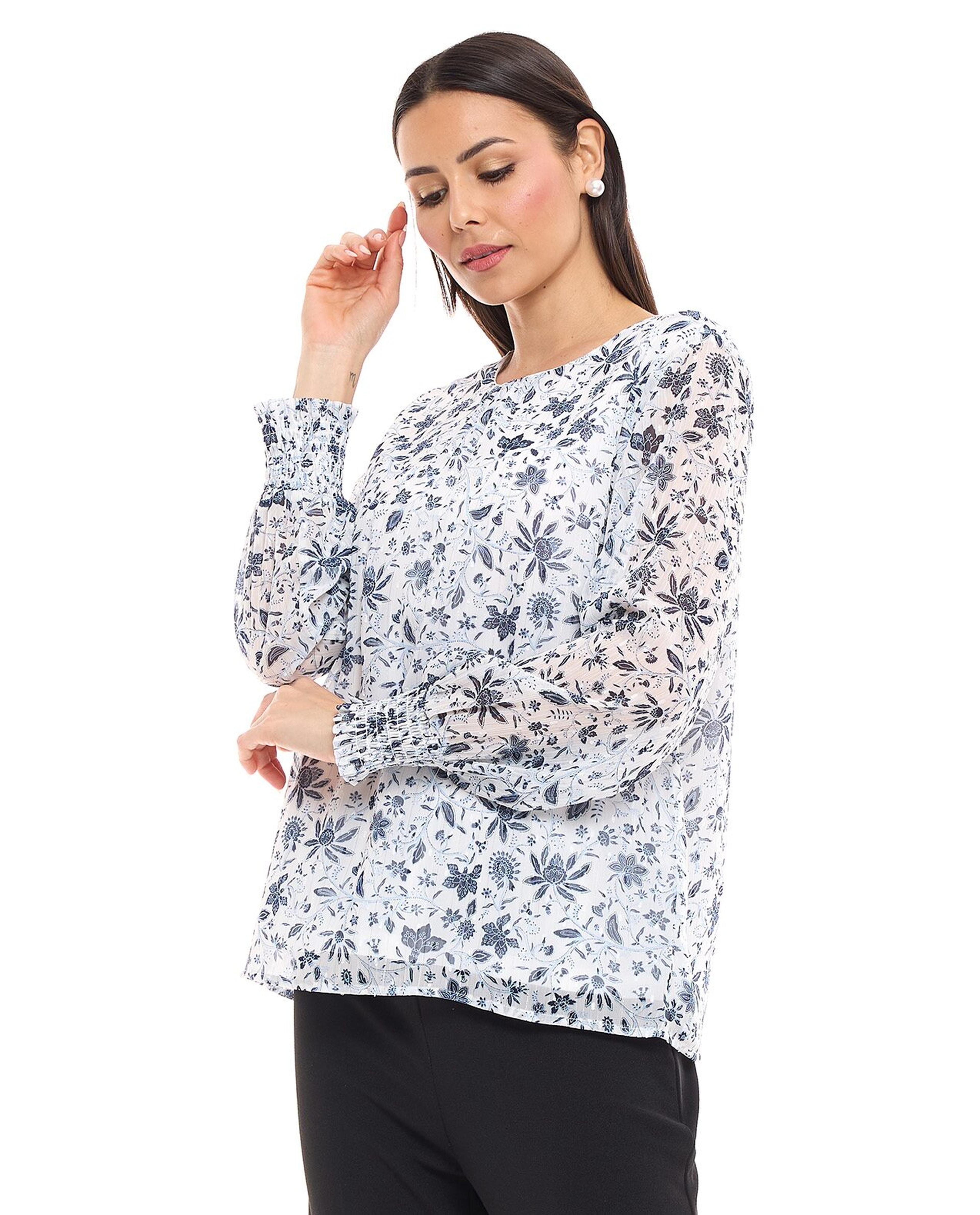 Floral Top with Crew Neck and Long Sleeves