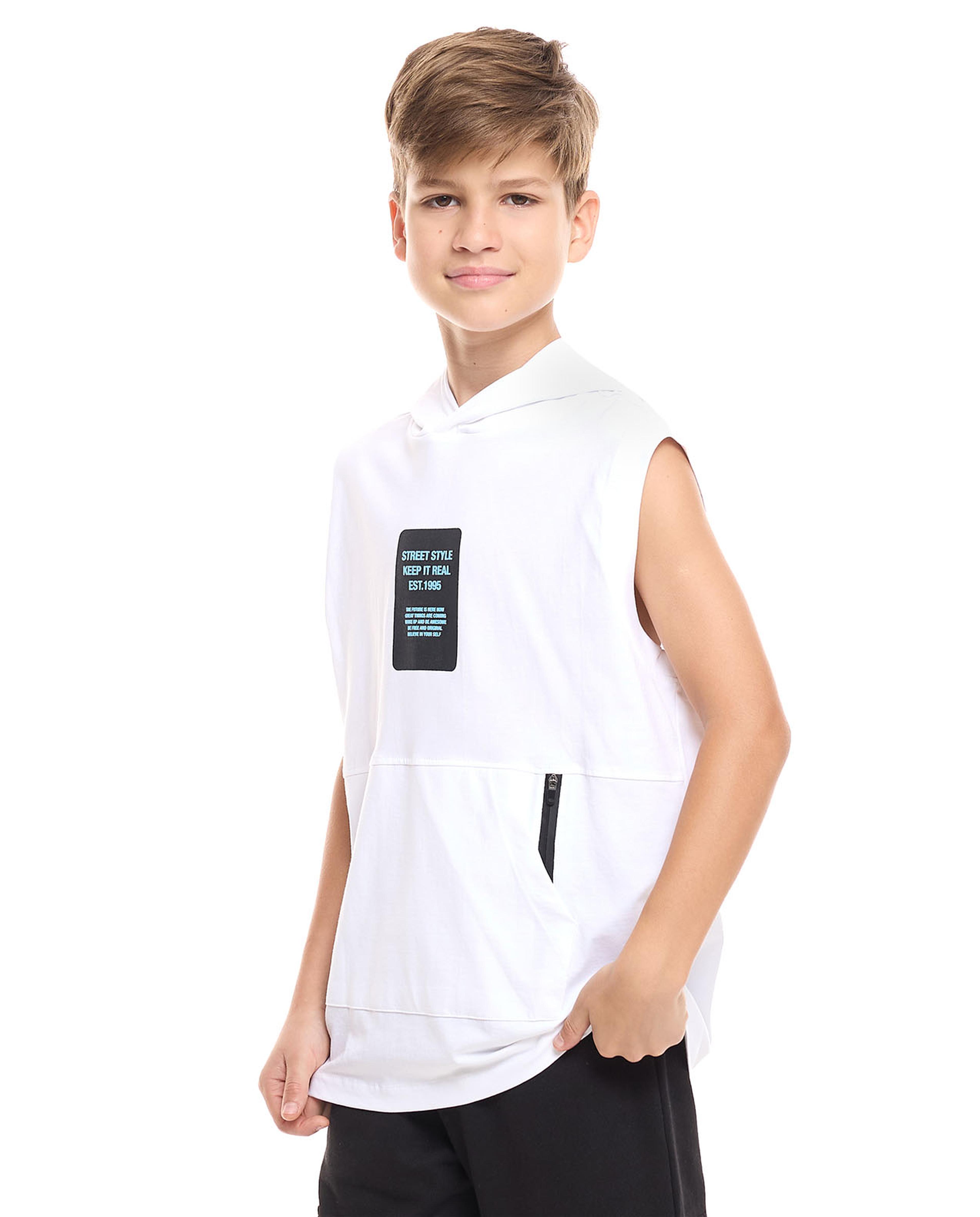 Printed Hooded Sleeveless T-Shirt