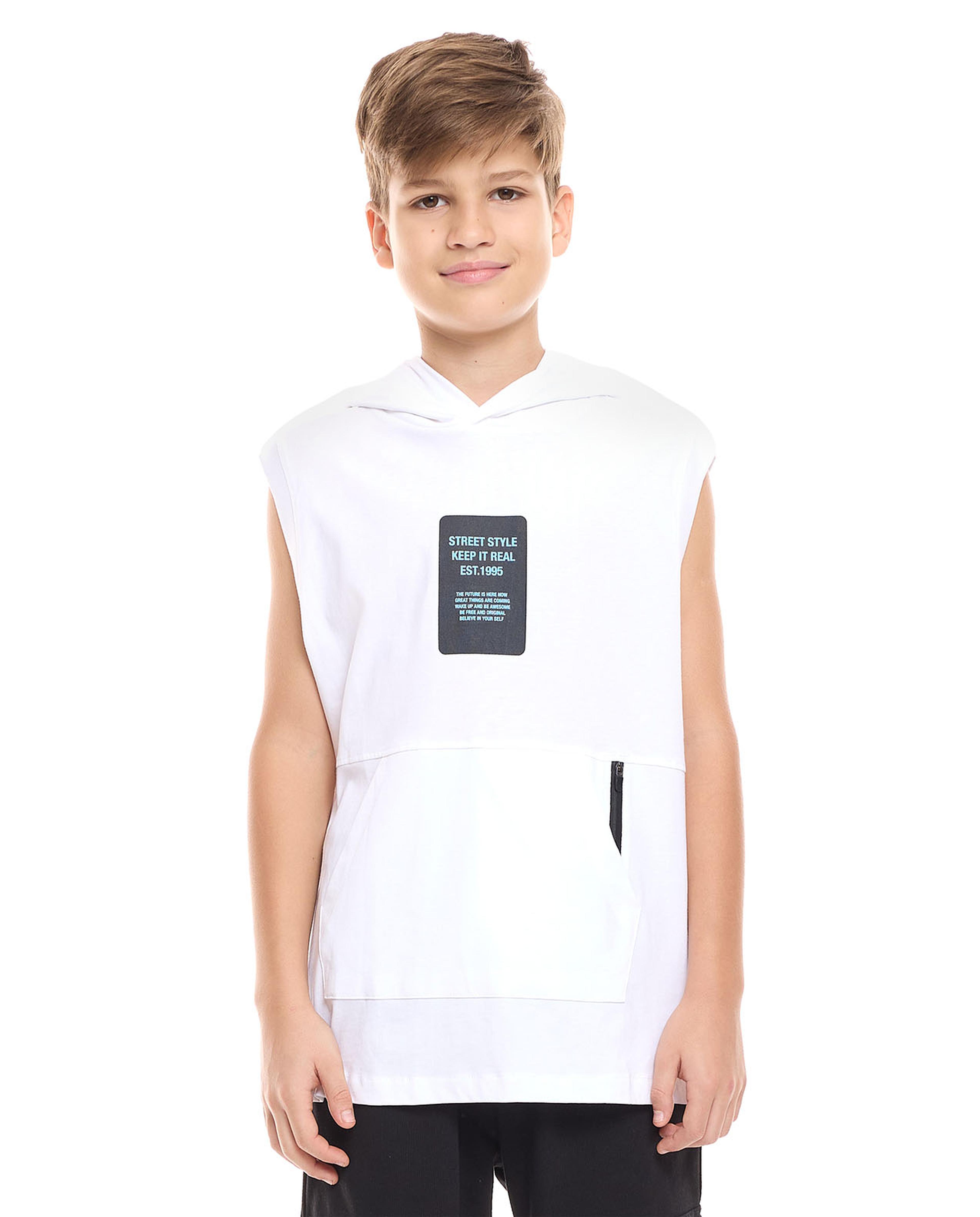 Printed Hooded Sleeveless T-Shirt