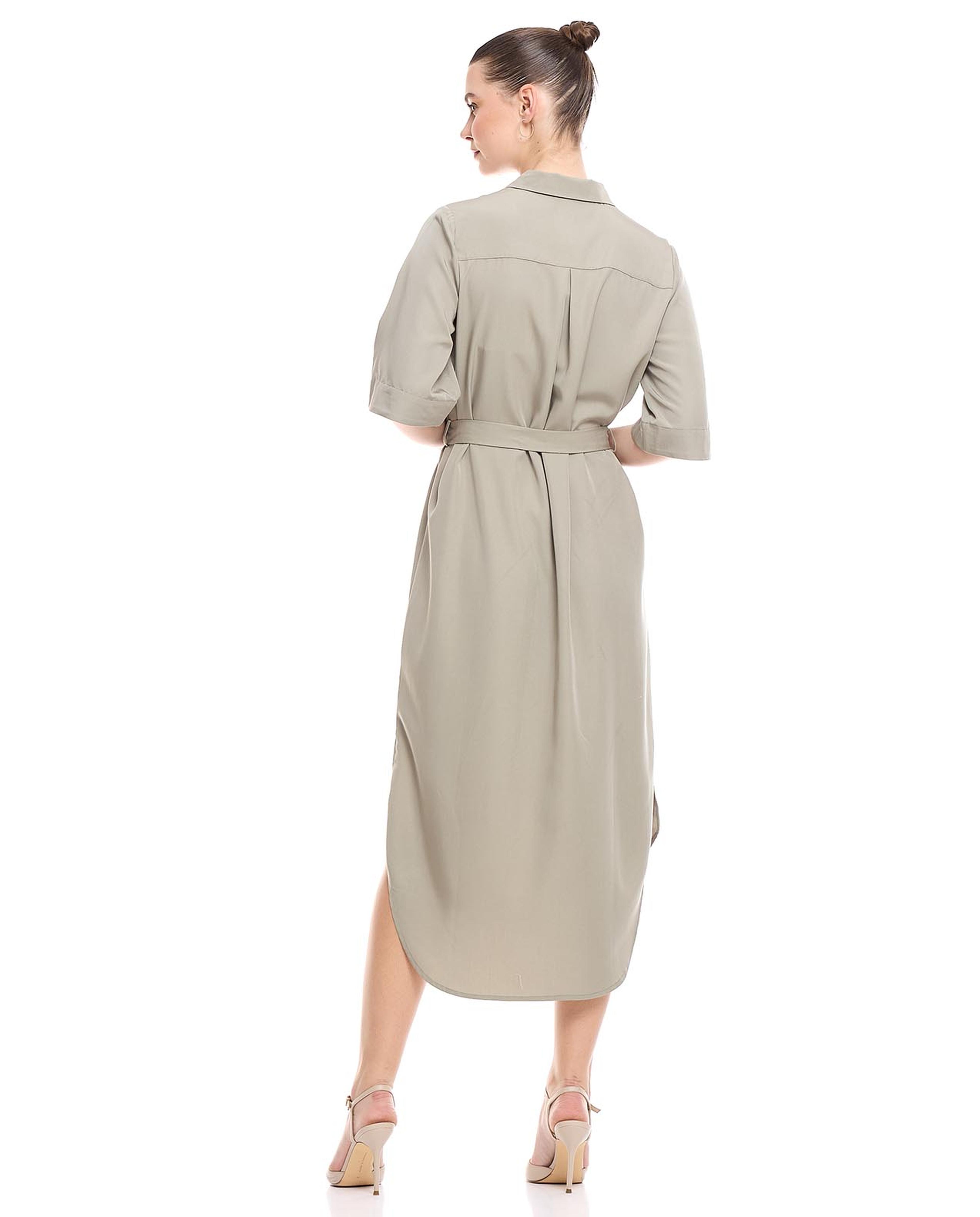 فستان قميص سادة بحزام وأكمام قصيرة