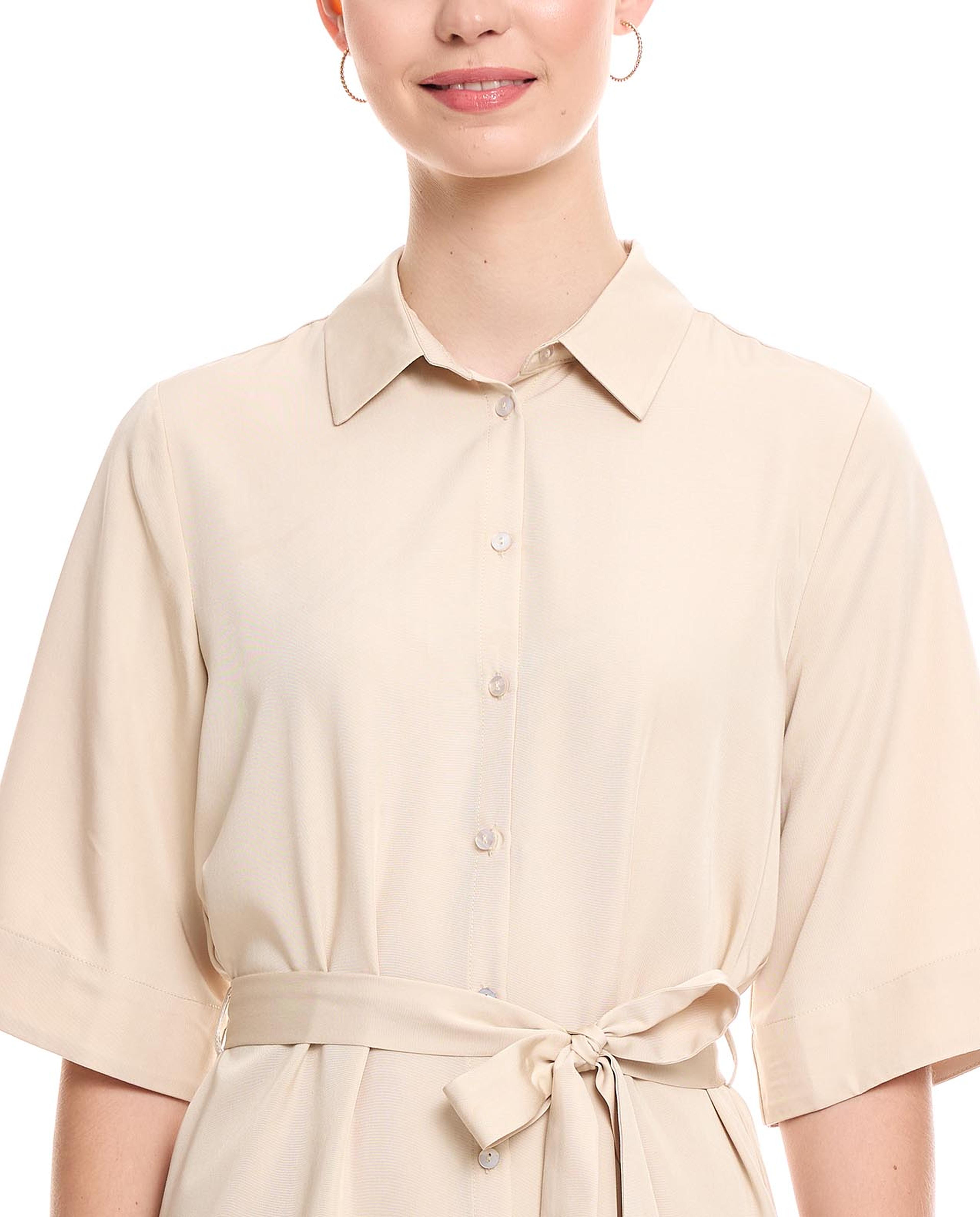 Solid Belted Shirt Dress with Short Sleeves