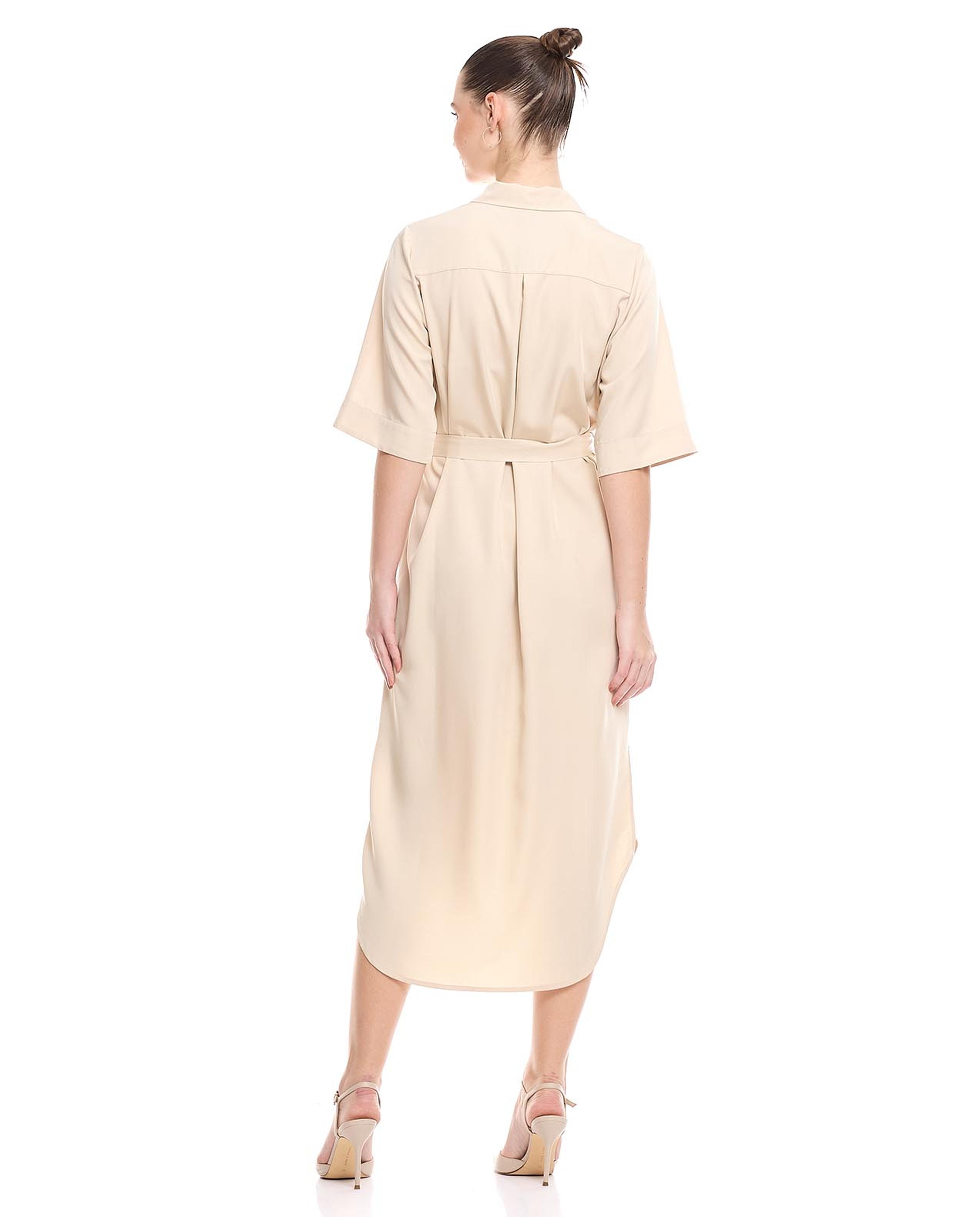Solid Belted Shirt Dress with Short Sleeves