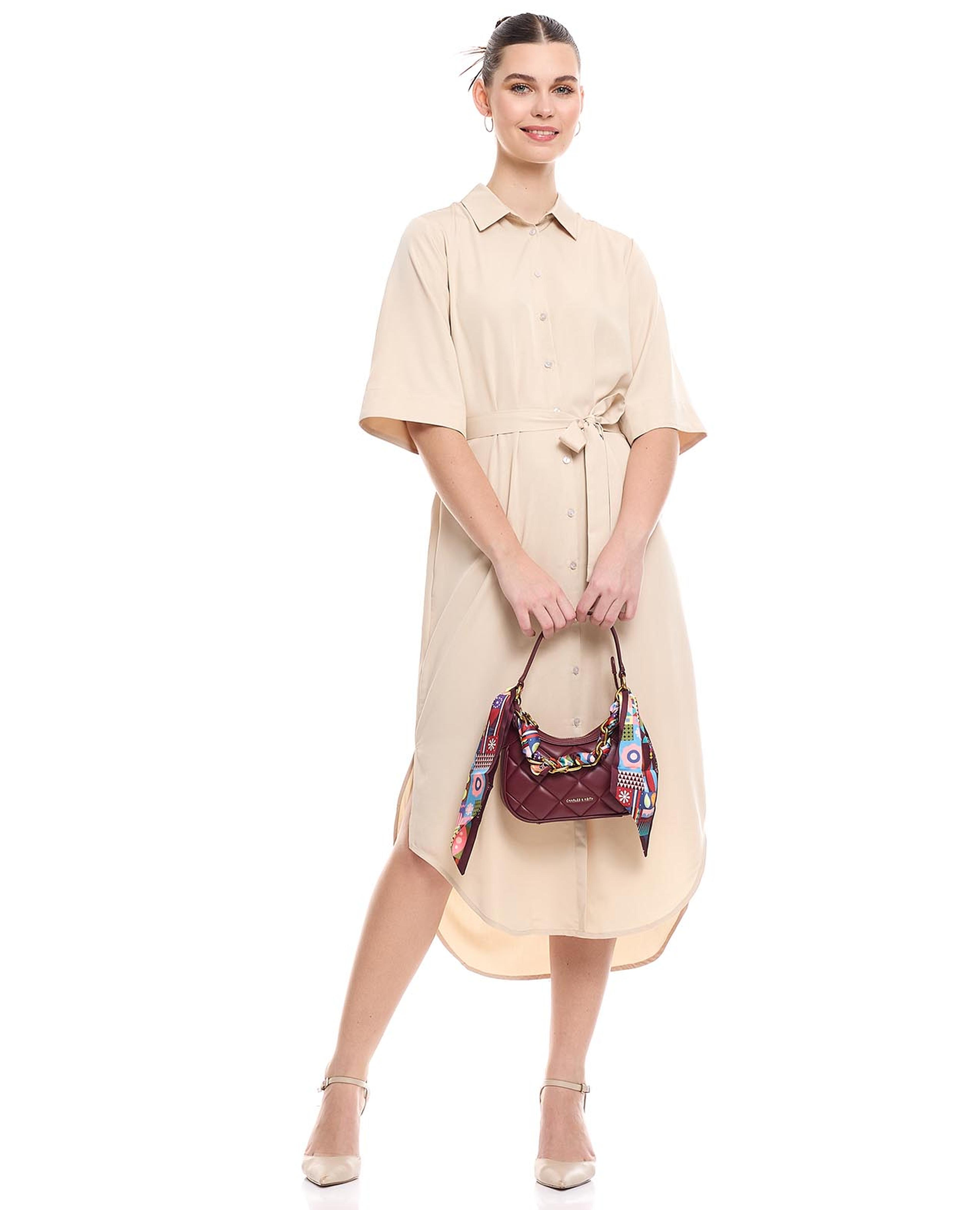 Solid Belted Shirt Dress with Short Sleeves