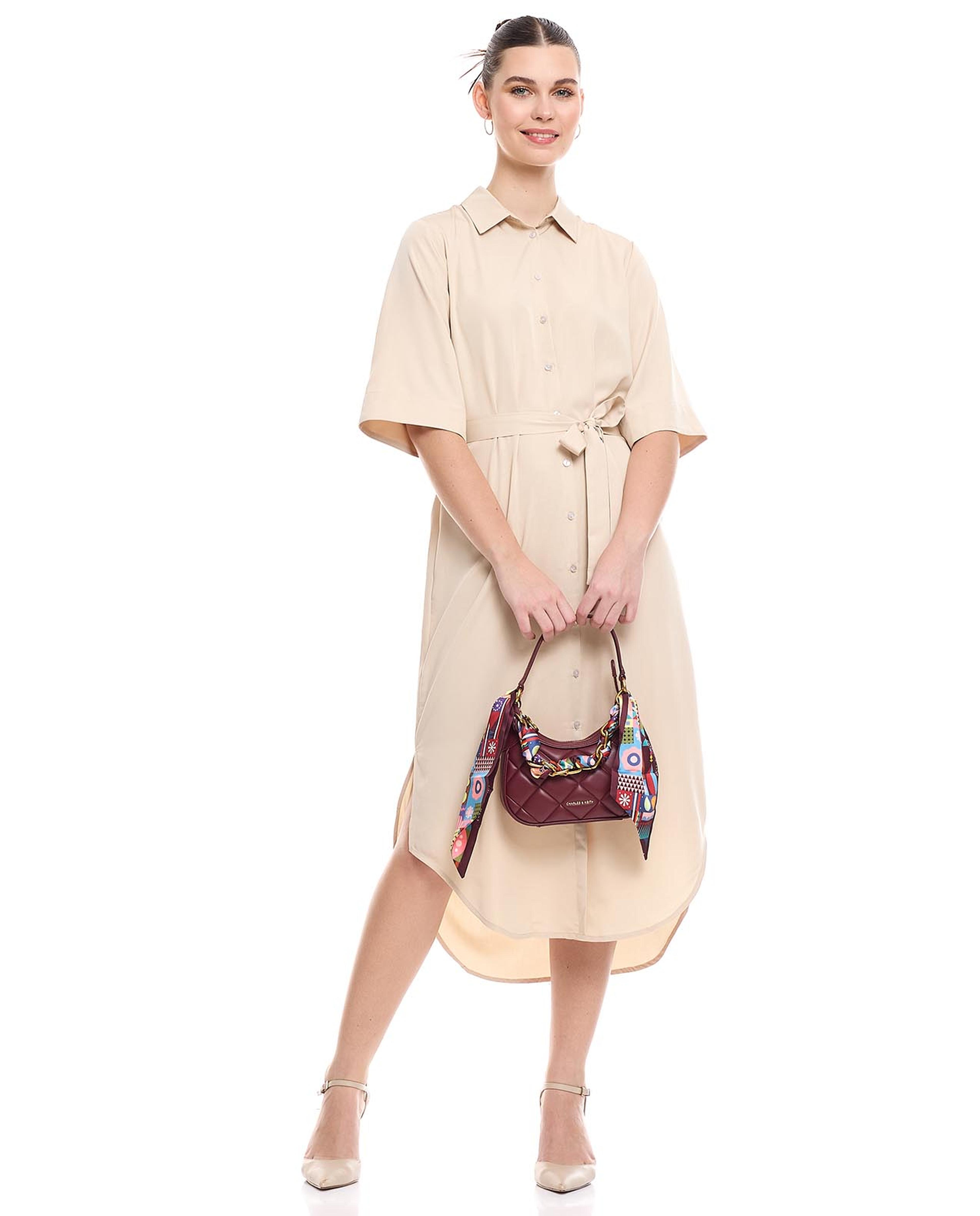 Solid Belted Shirt Dress with Short Sleeves