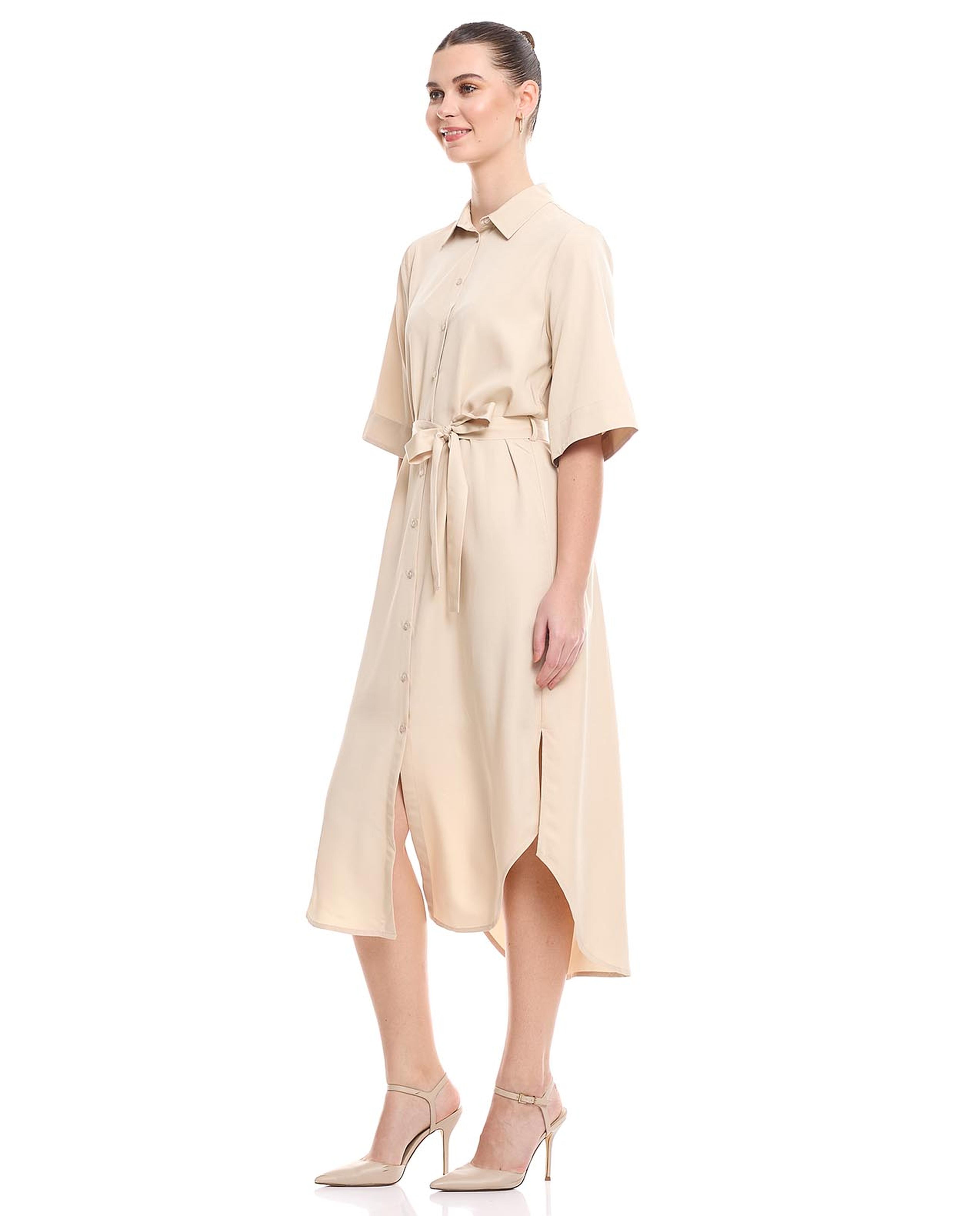 Solid Belted Shirt Dress with Short Sleeves