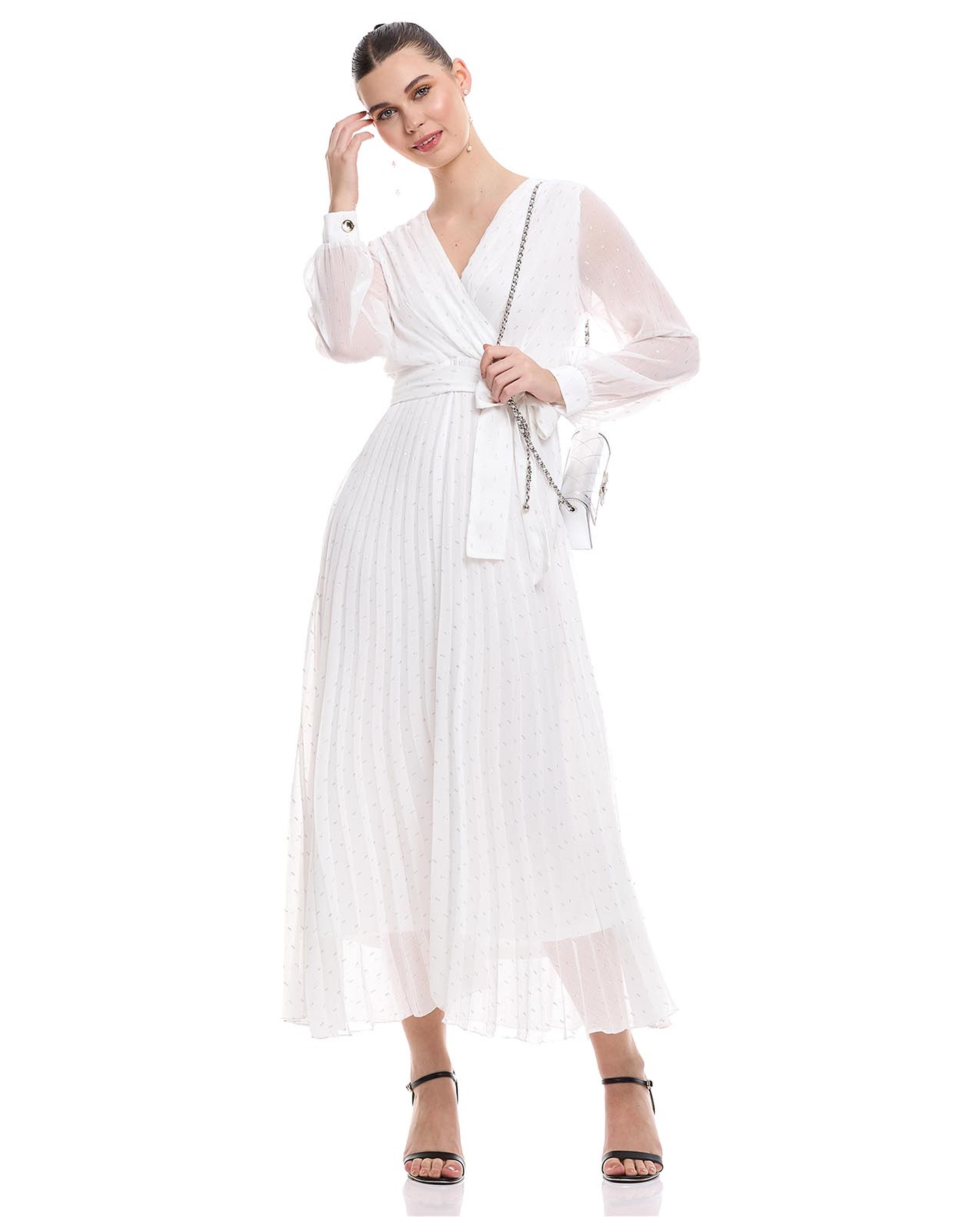 Self Patterned Midaxi Dress with V-Neck and Long Sleeves