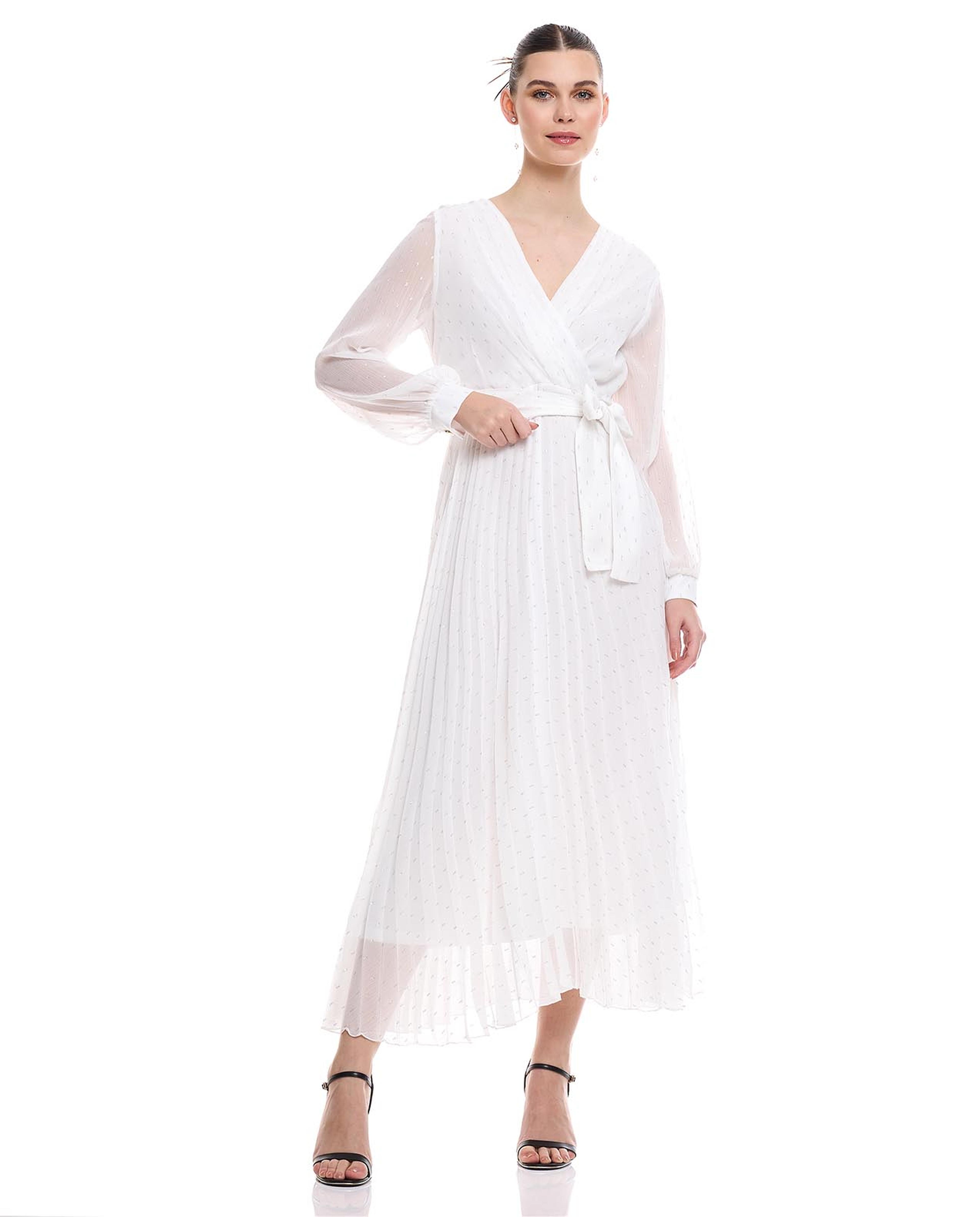 Self Patterned Midaxi Dress with V-Neck and Long Sleeves