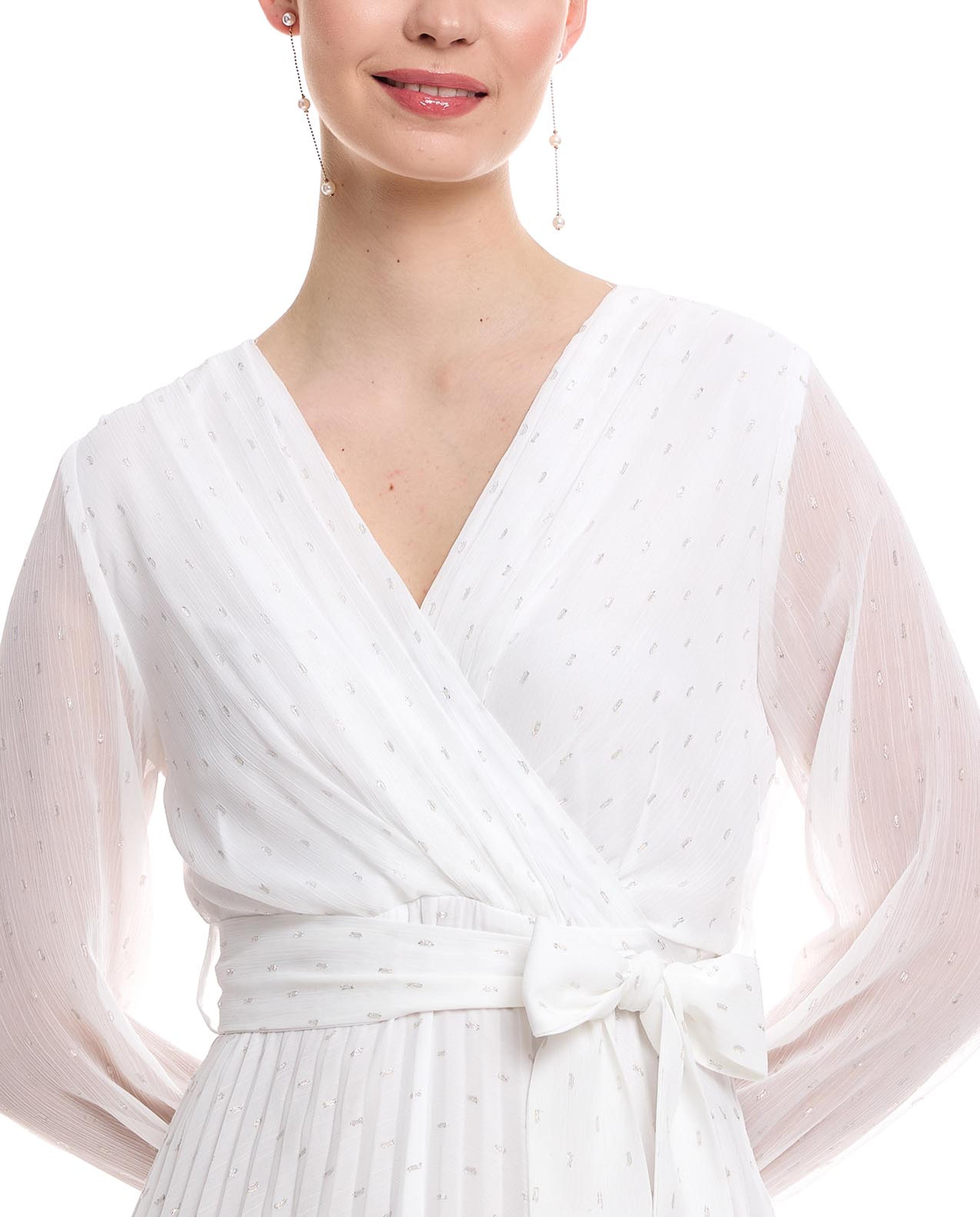 Self Patterned Midaxi Dress with V-Neck and Long Sleeves