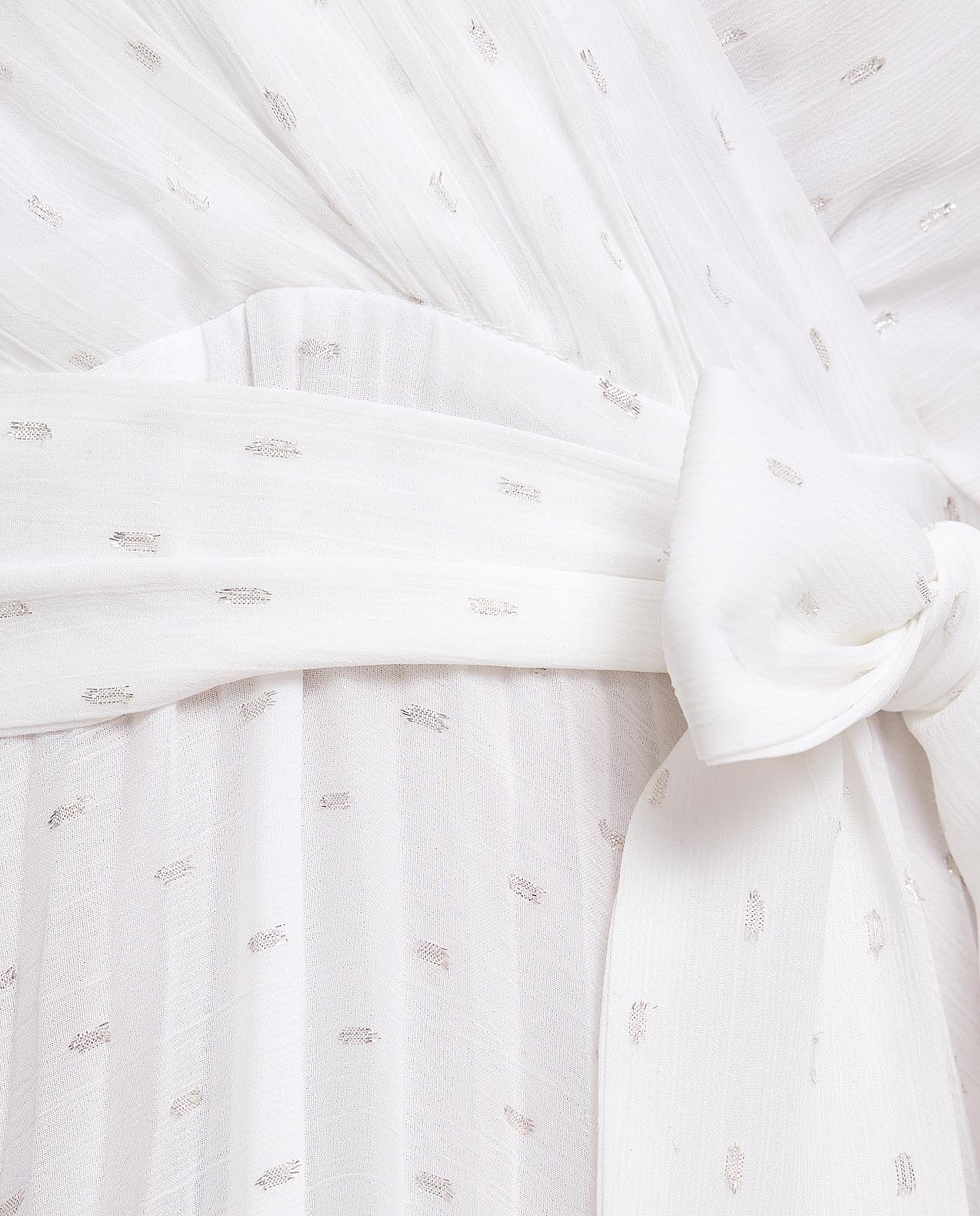 Self Patterned Midaxi Dress with V-Neck and Long Sleeves