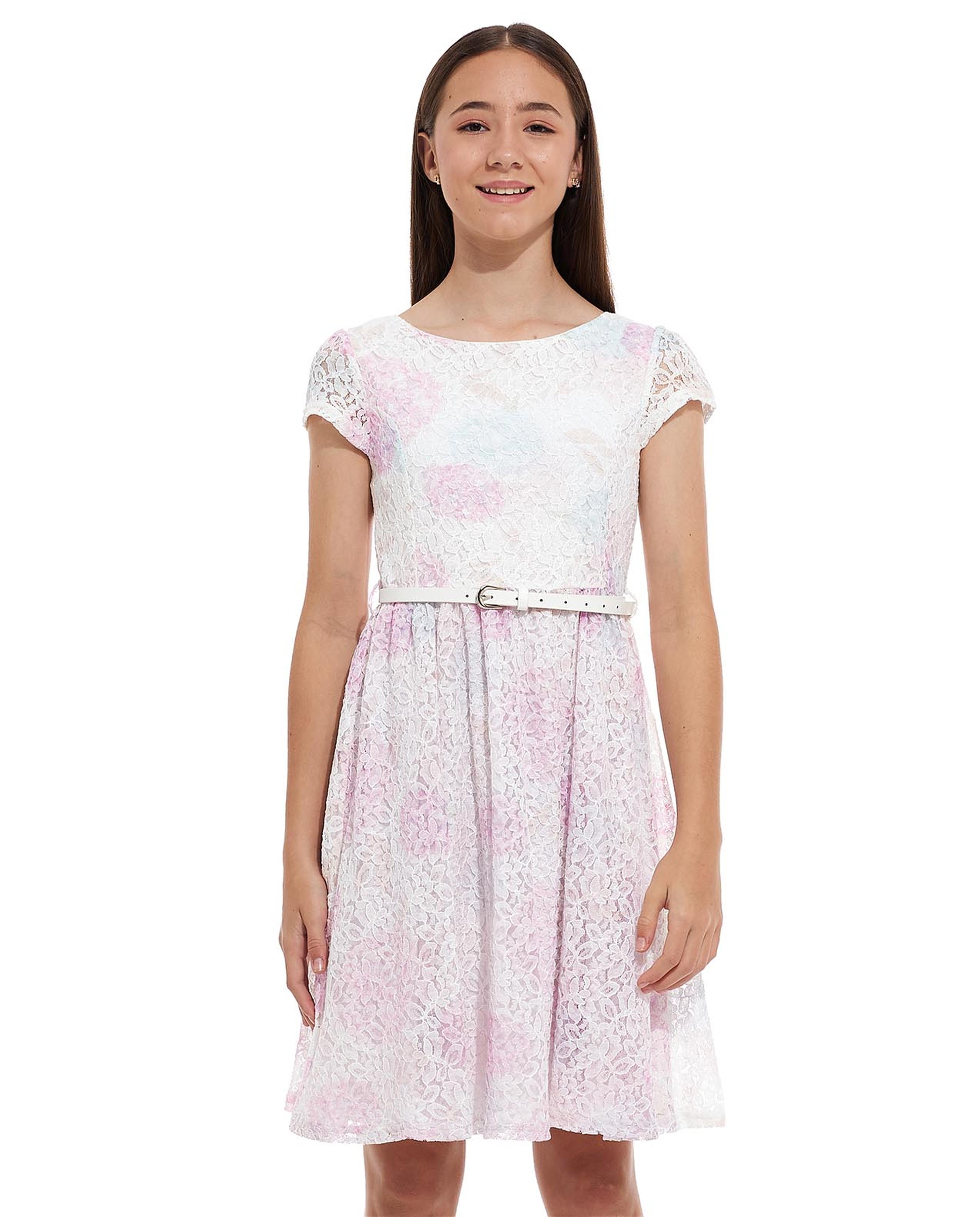 فستان فلير بياقة مستديرة وأكمام قصيرة