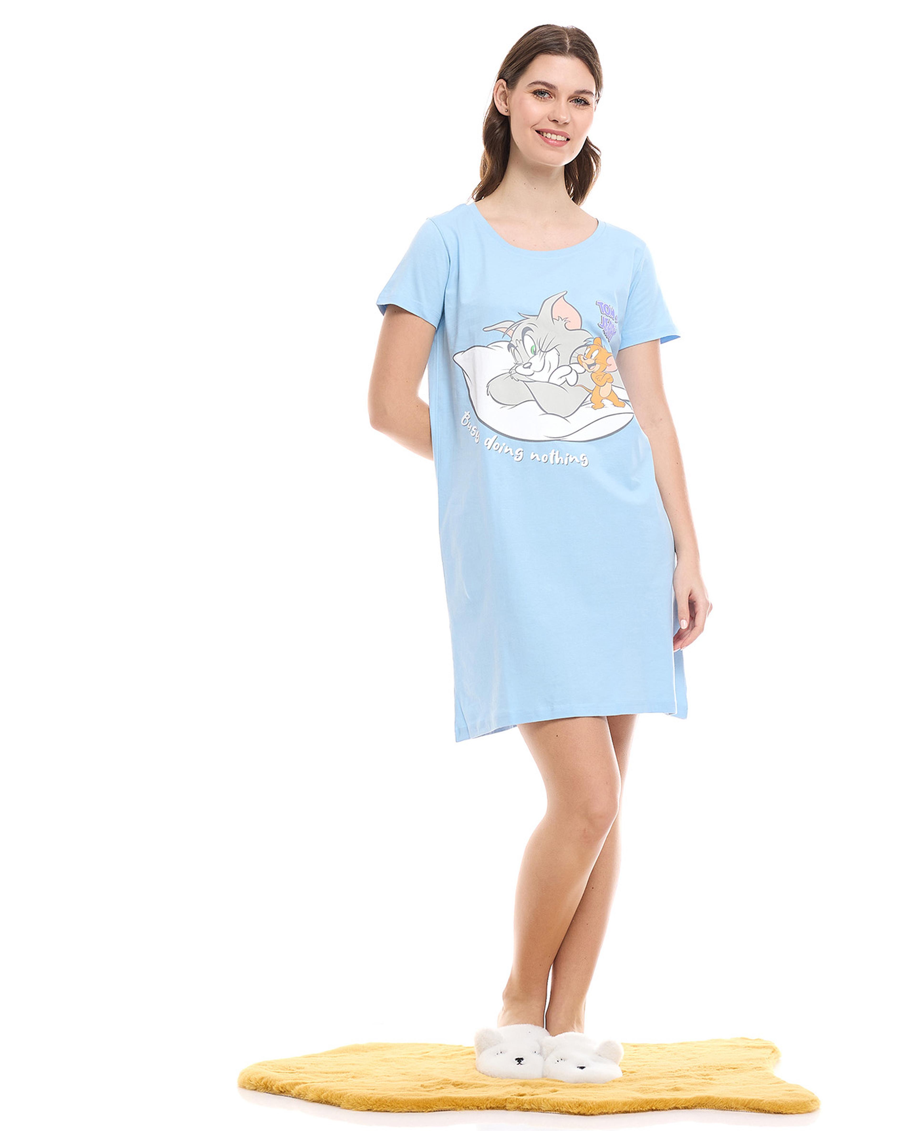 Graphic Print Nightdress with Short Sleeves
