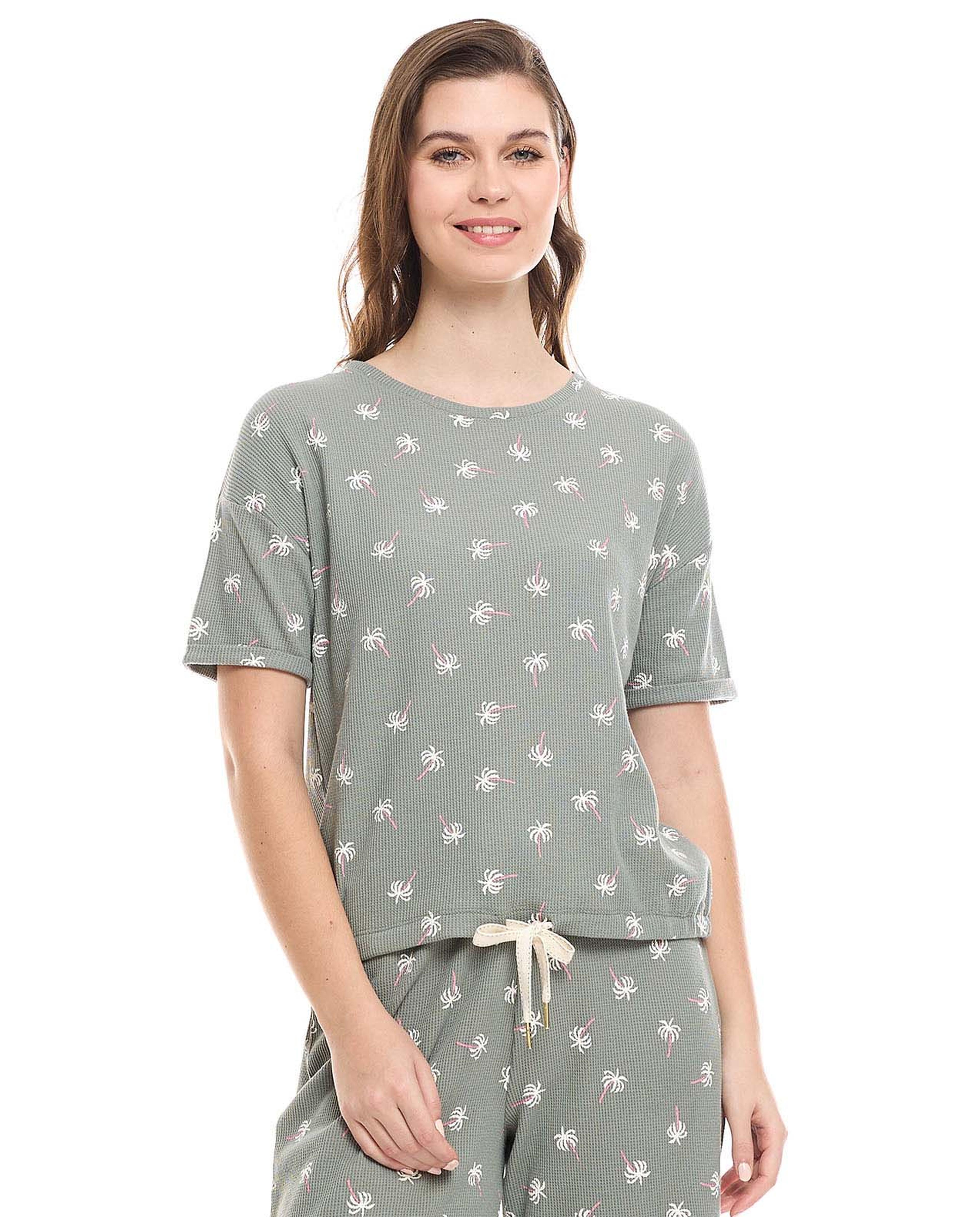Printed Sleep Top with Crew Neck and Short Sleeves