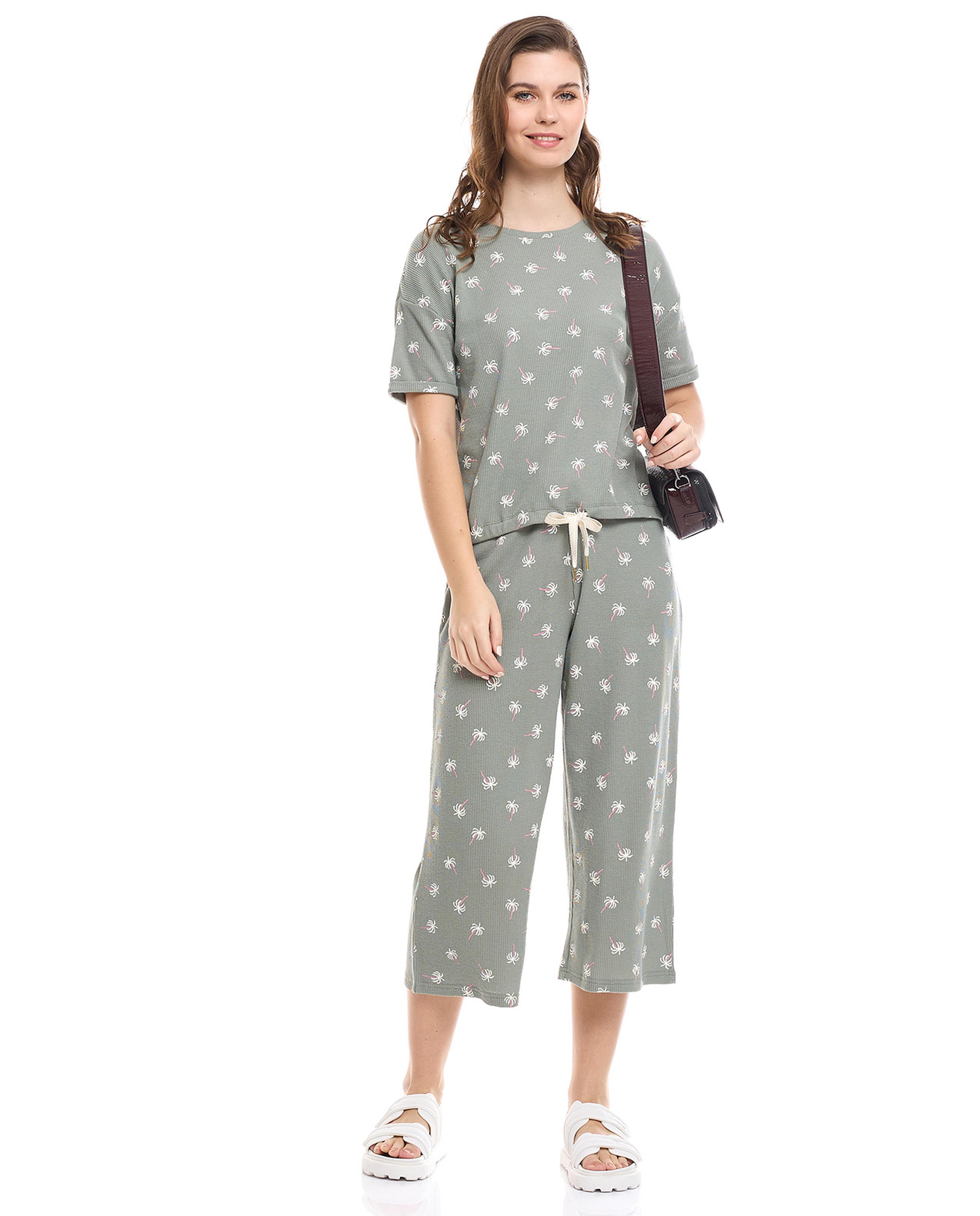 Printed Sleep Top with Crew Neck and Short Sleeves