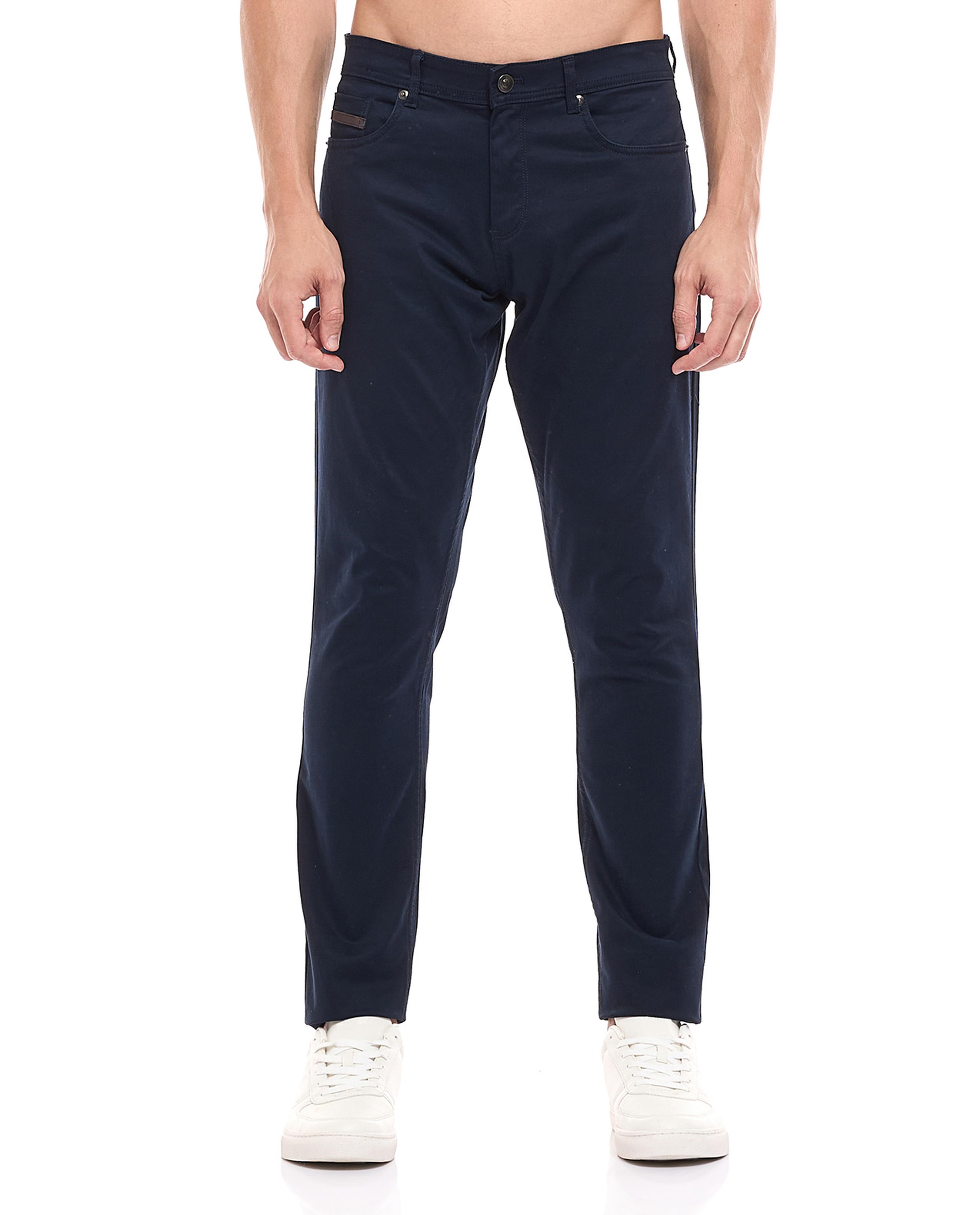 Solid Slim Fit Pants with Button Closure