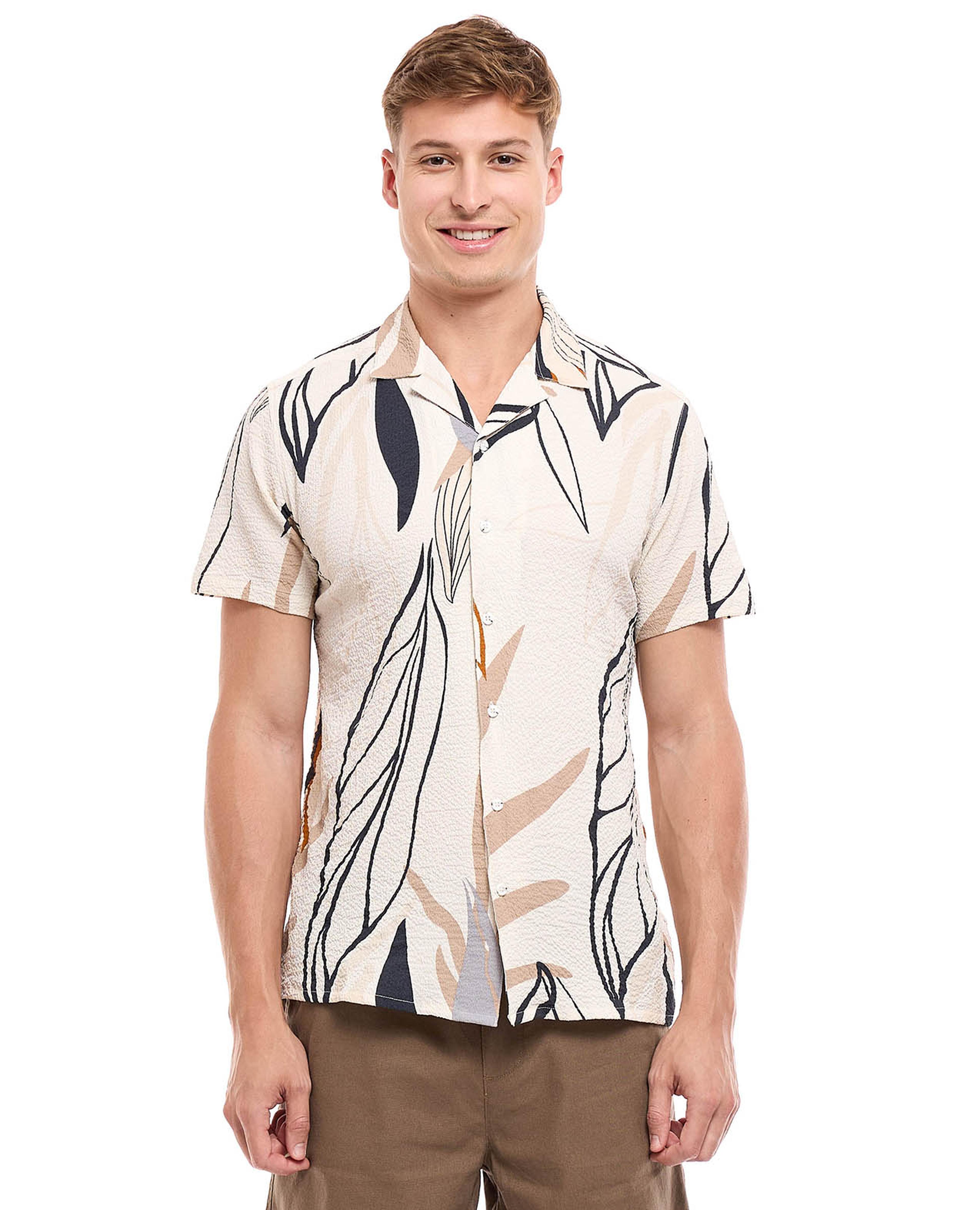 Patterned Shirt with Revere Collar and Short Sleeves