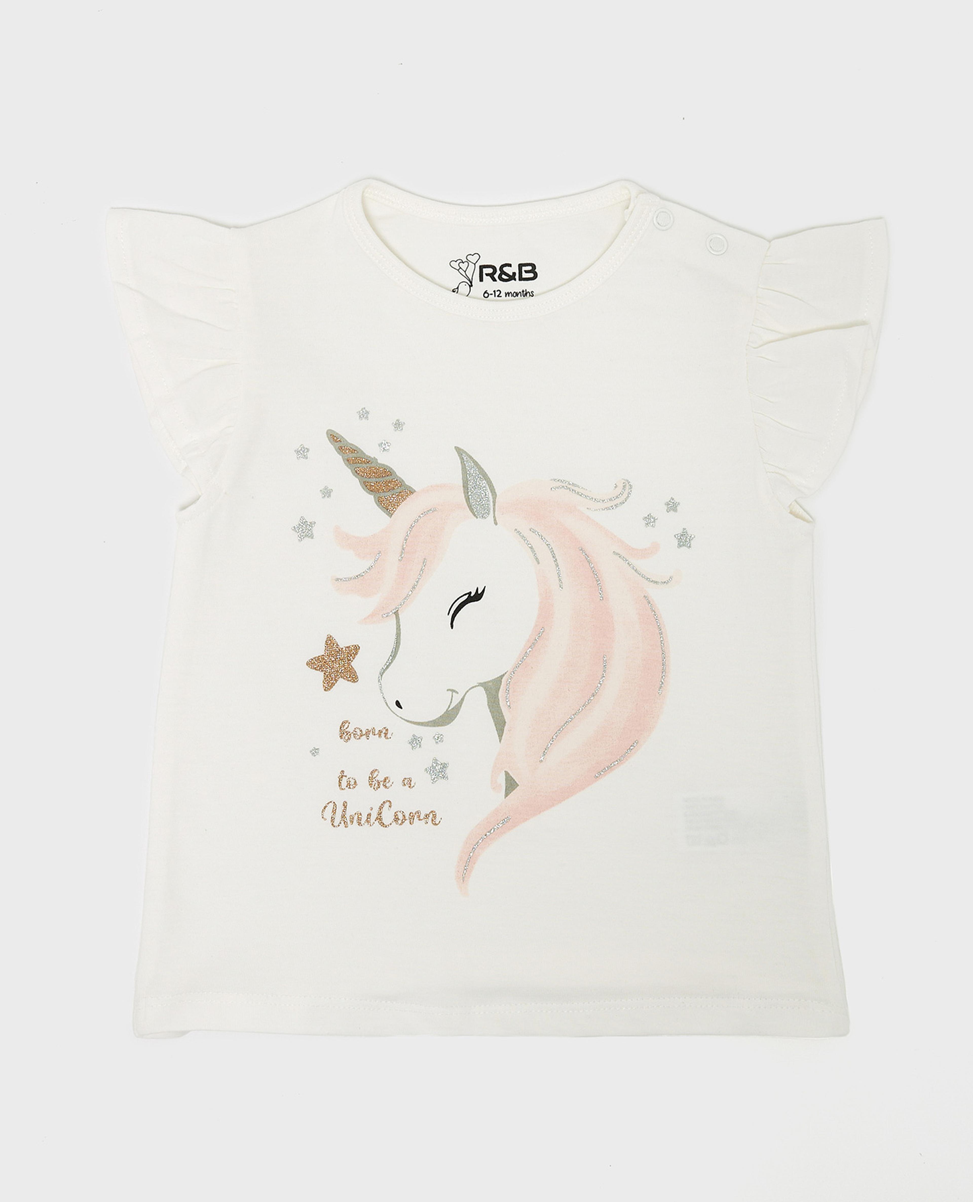 Unicorn Print Top with Crew Neck and Flutter Sleeves