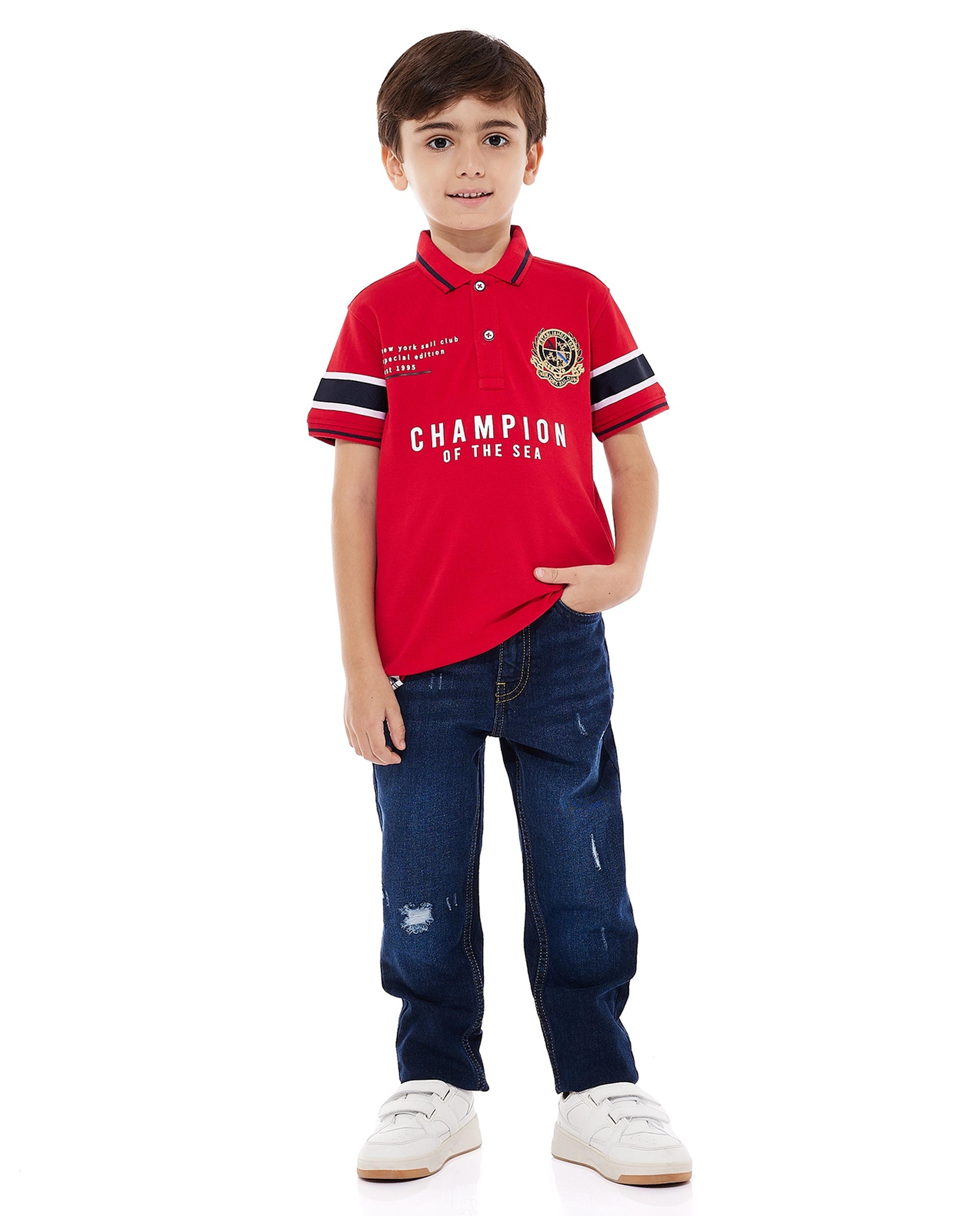 تيشيرت بولو مطرز بأكمام قصيرة