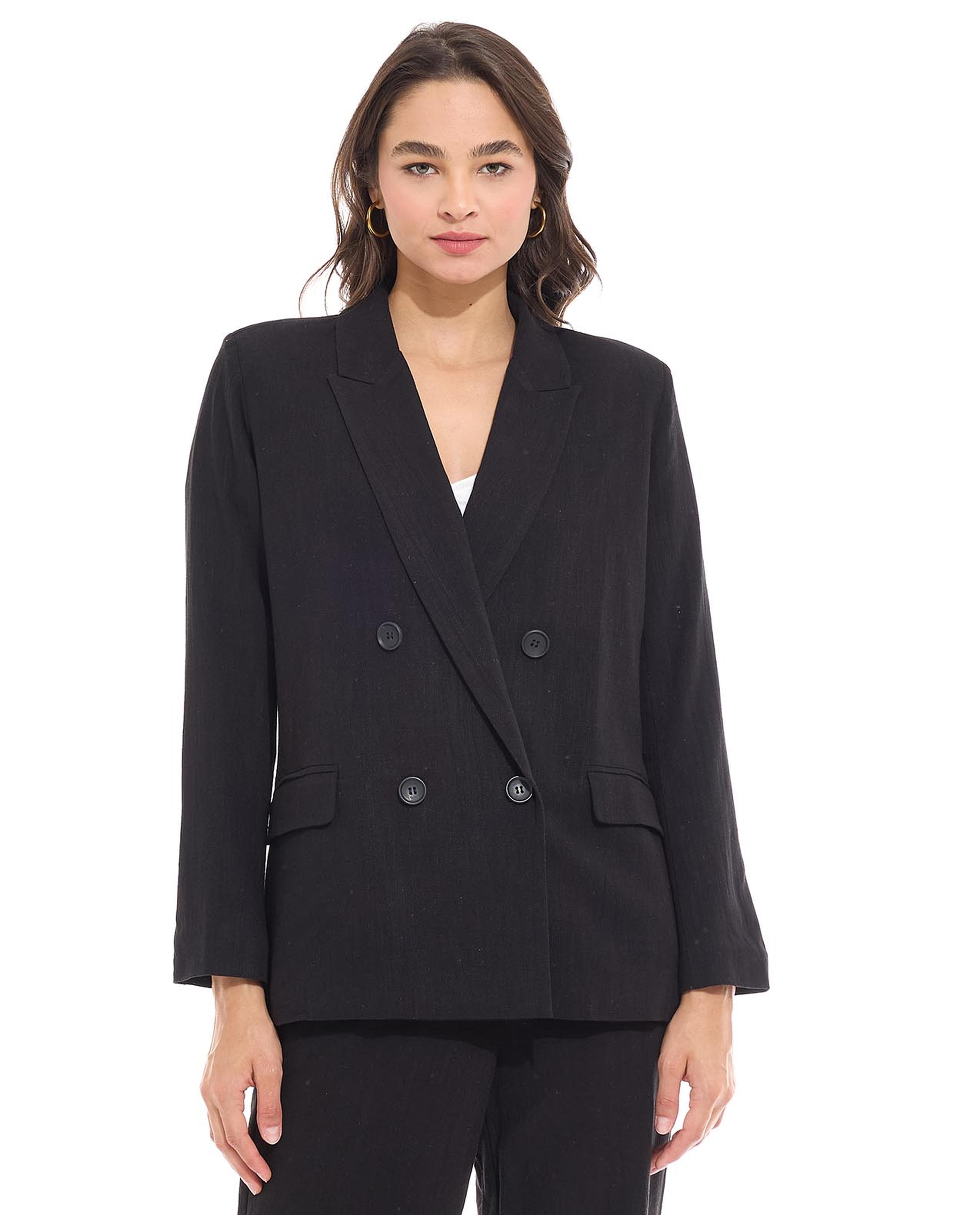 Solid Double Breasted Blazer with Long Sleeves