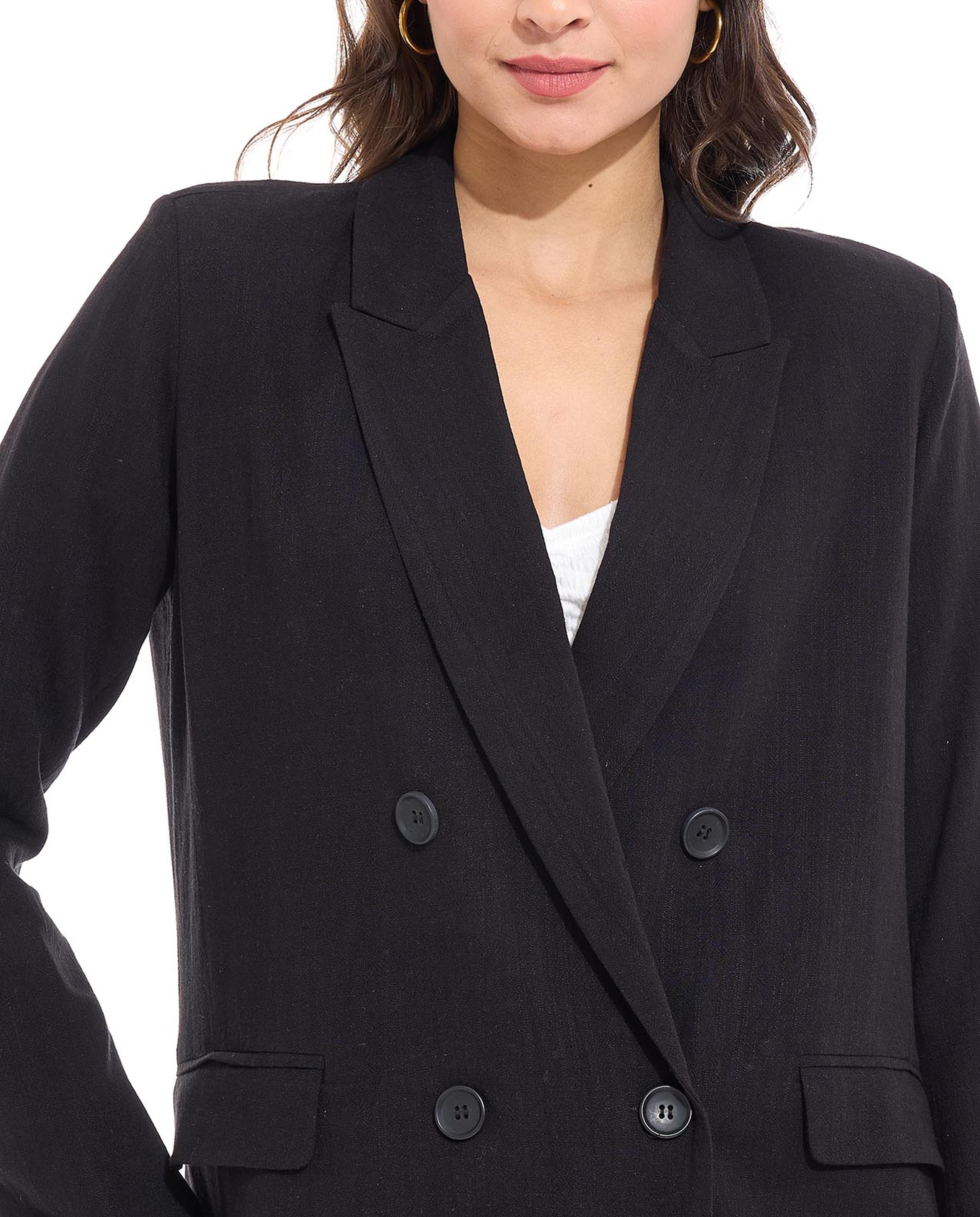 Solid Double Breasted Blazer with Long Sleeves