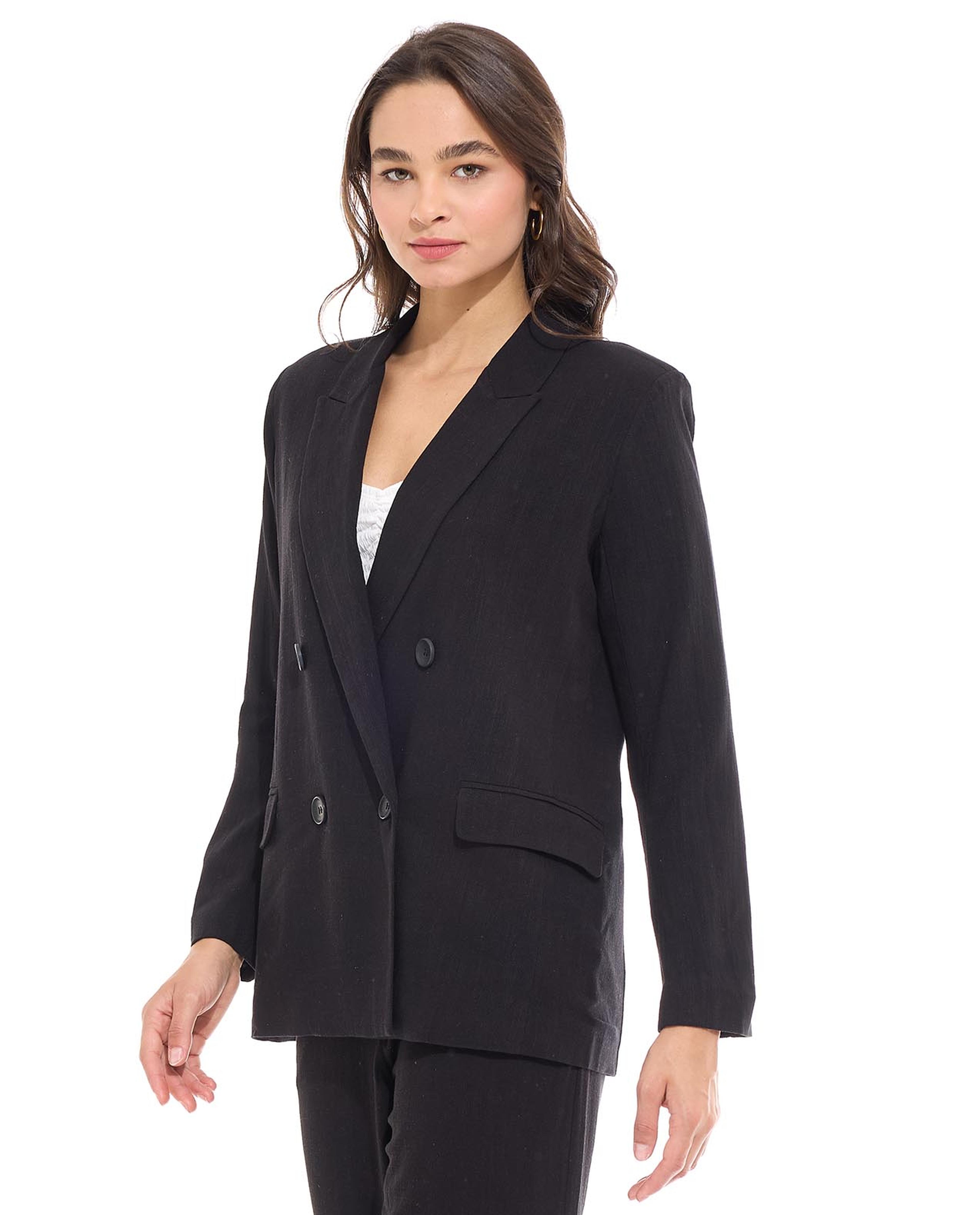 Solid Double Breasted Blazer with Long Sleeves