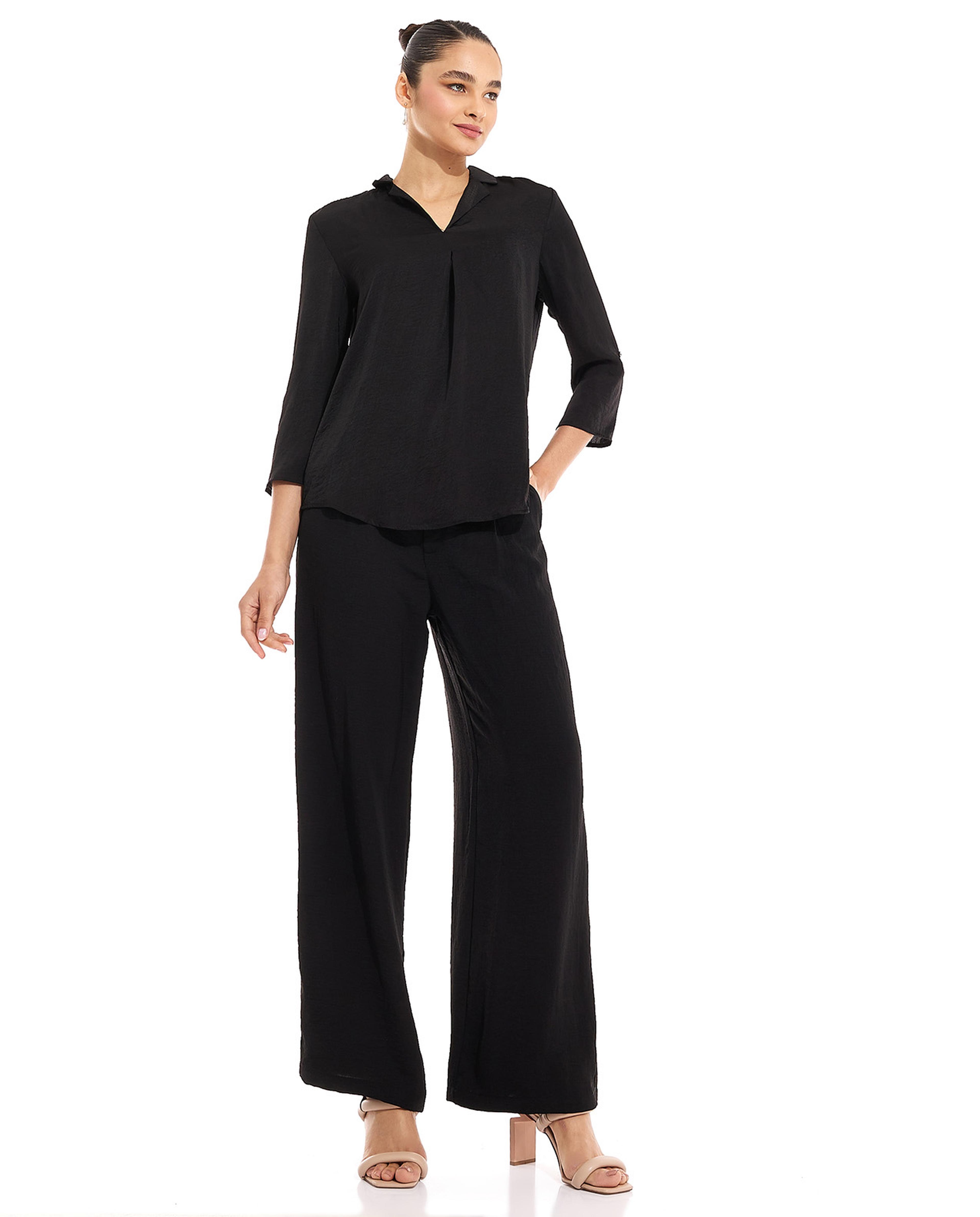 Solid Shirt with Lapel Collar  3/4 Sleeves