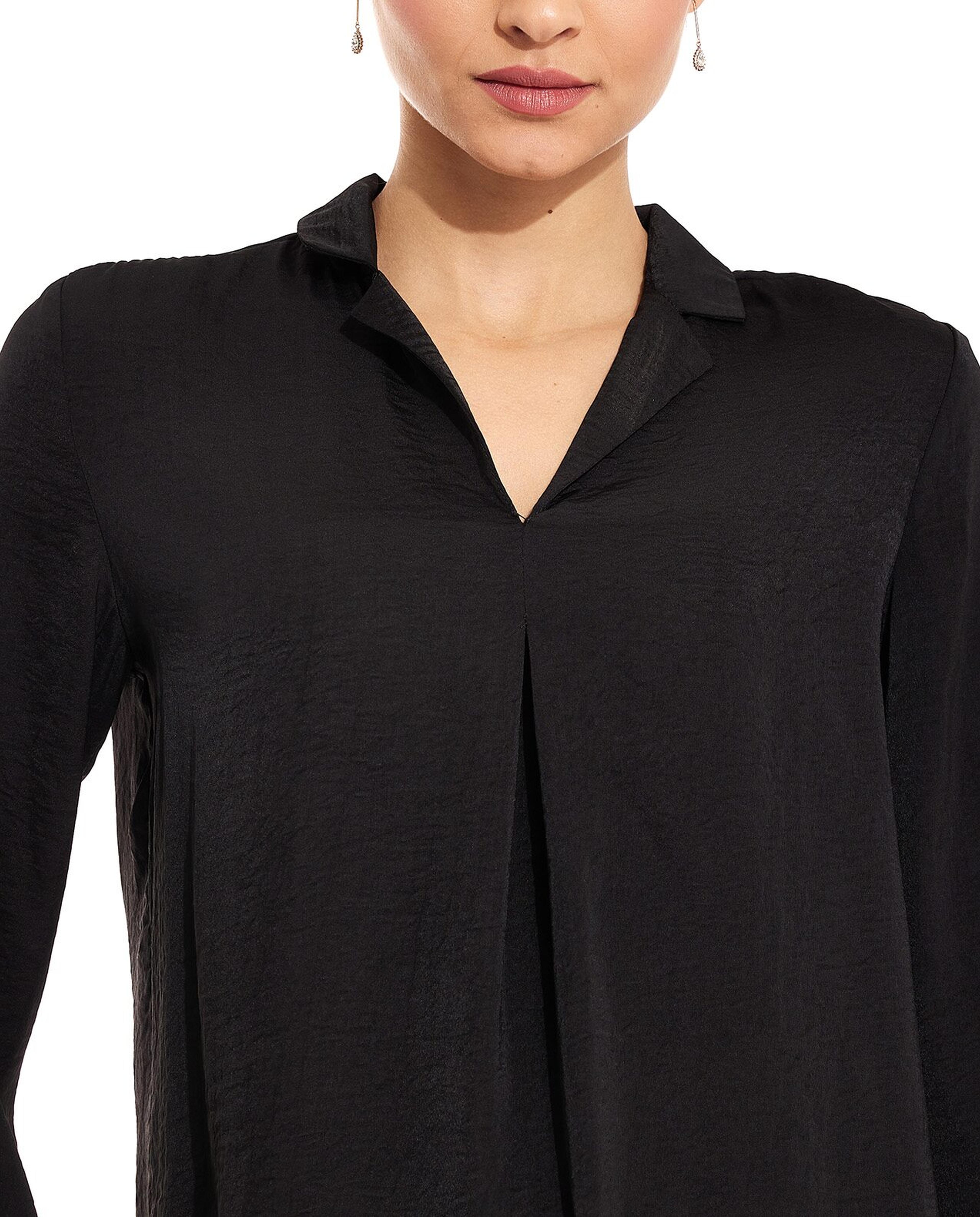 Solid Shirt with Lapel Collar  3/4 Sleeves