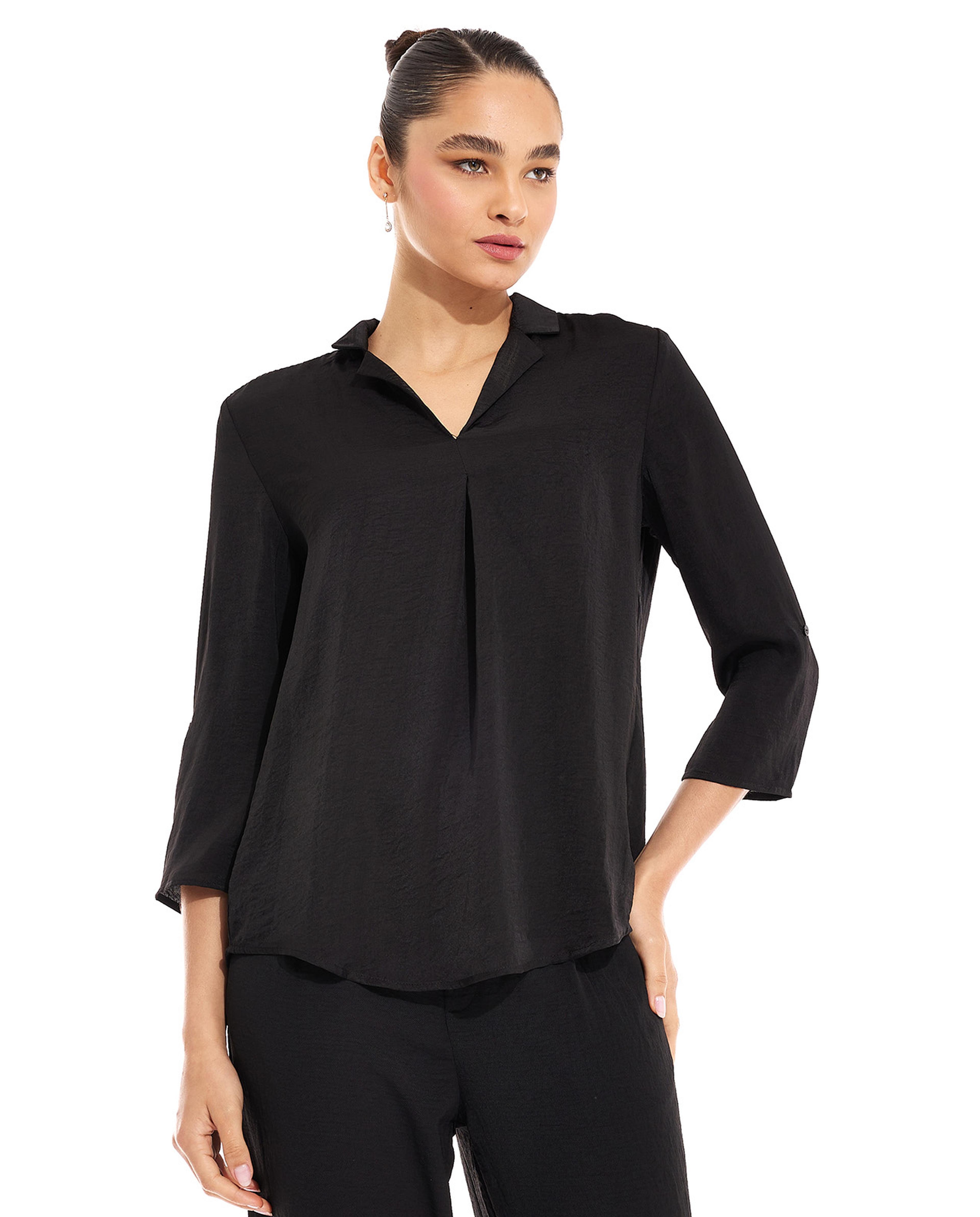 Solid Shirt with Lapel Collar  3/4 Sleeves