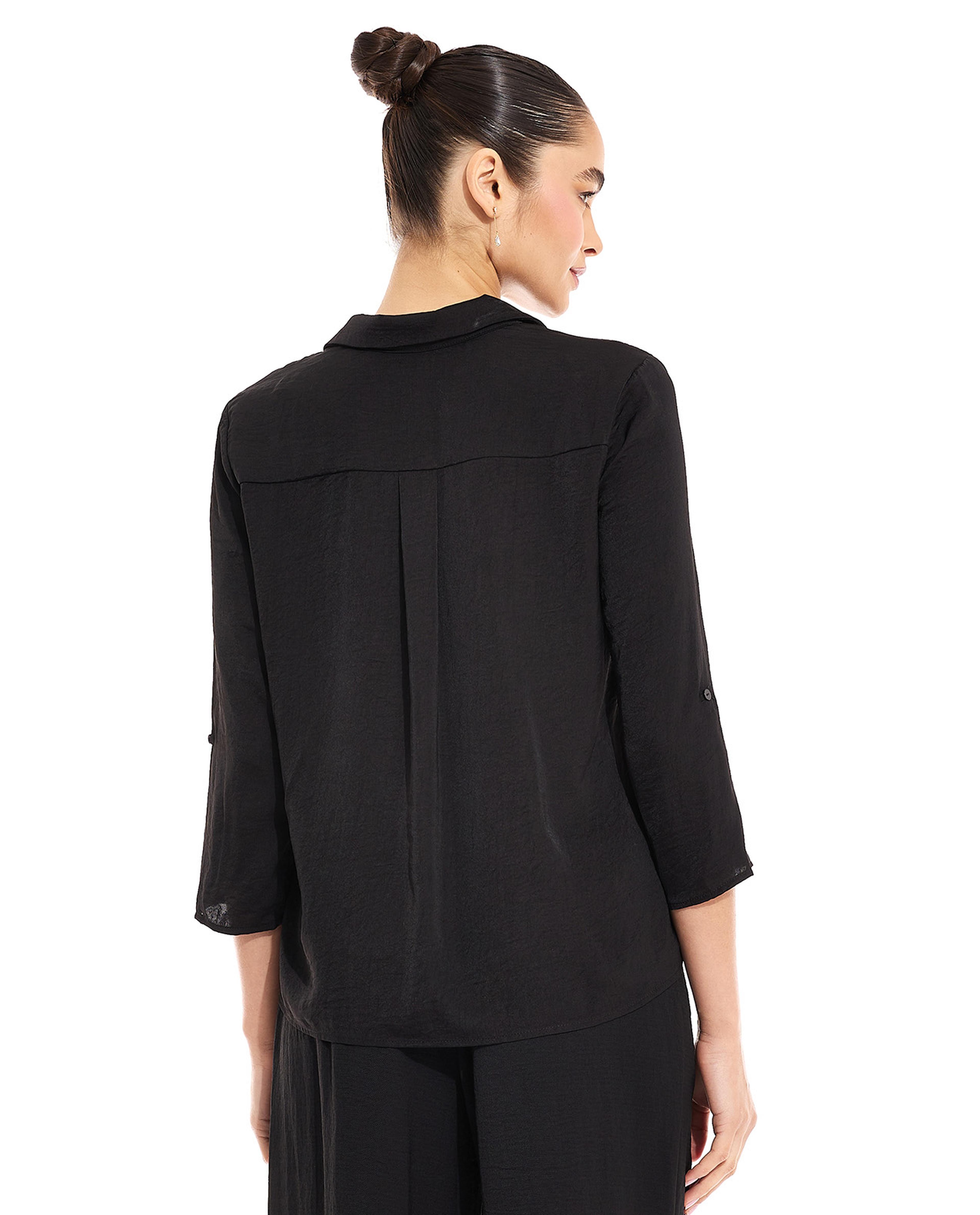 Solid Shirt with Lapel Collar  3/4 Sleeves