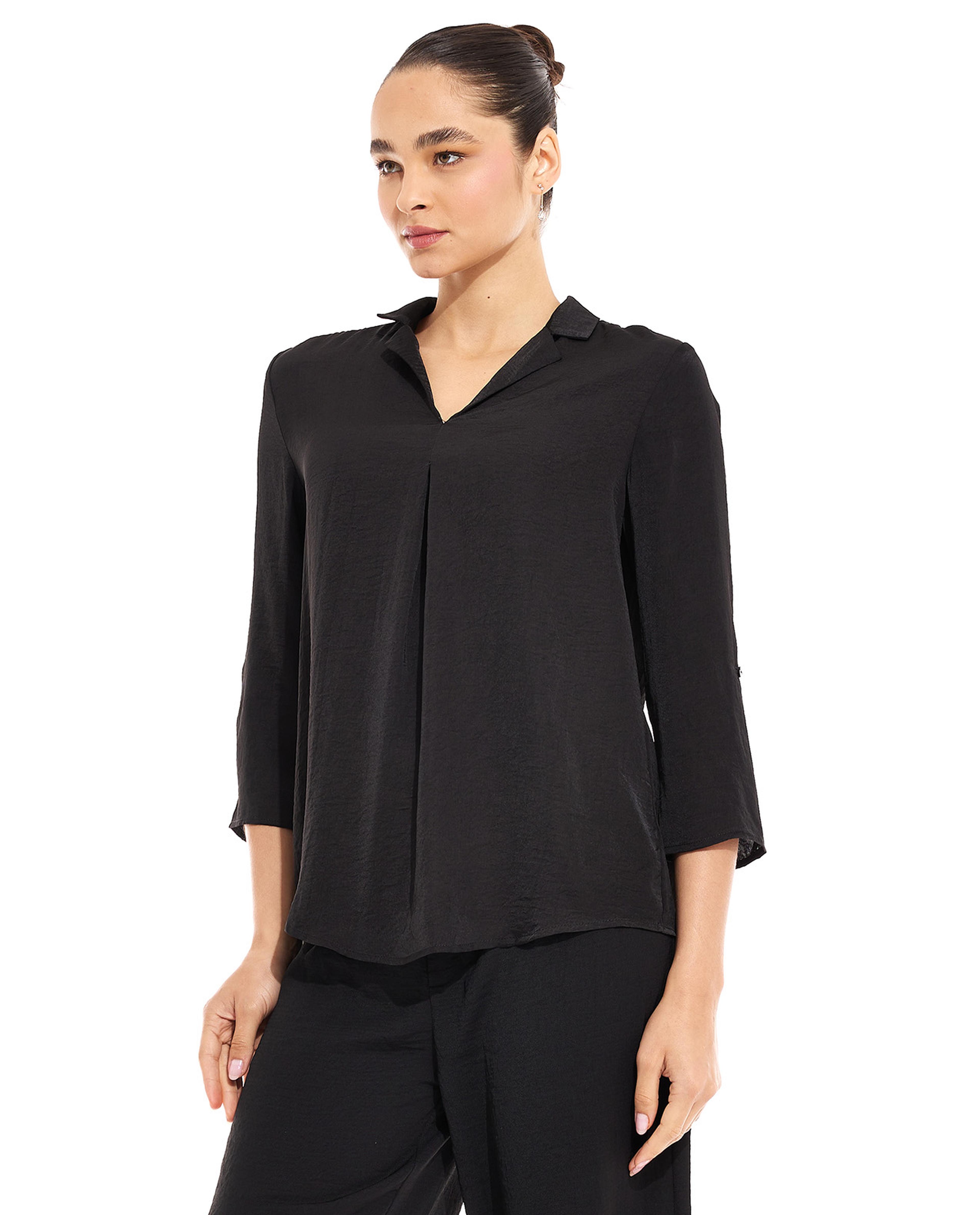 Solid Shirt with Lapel Collar  3/4 Sleeves