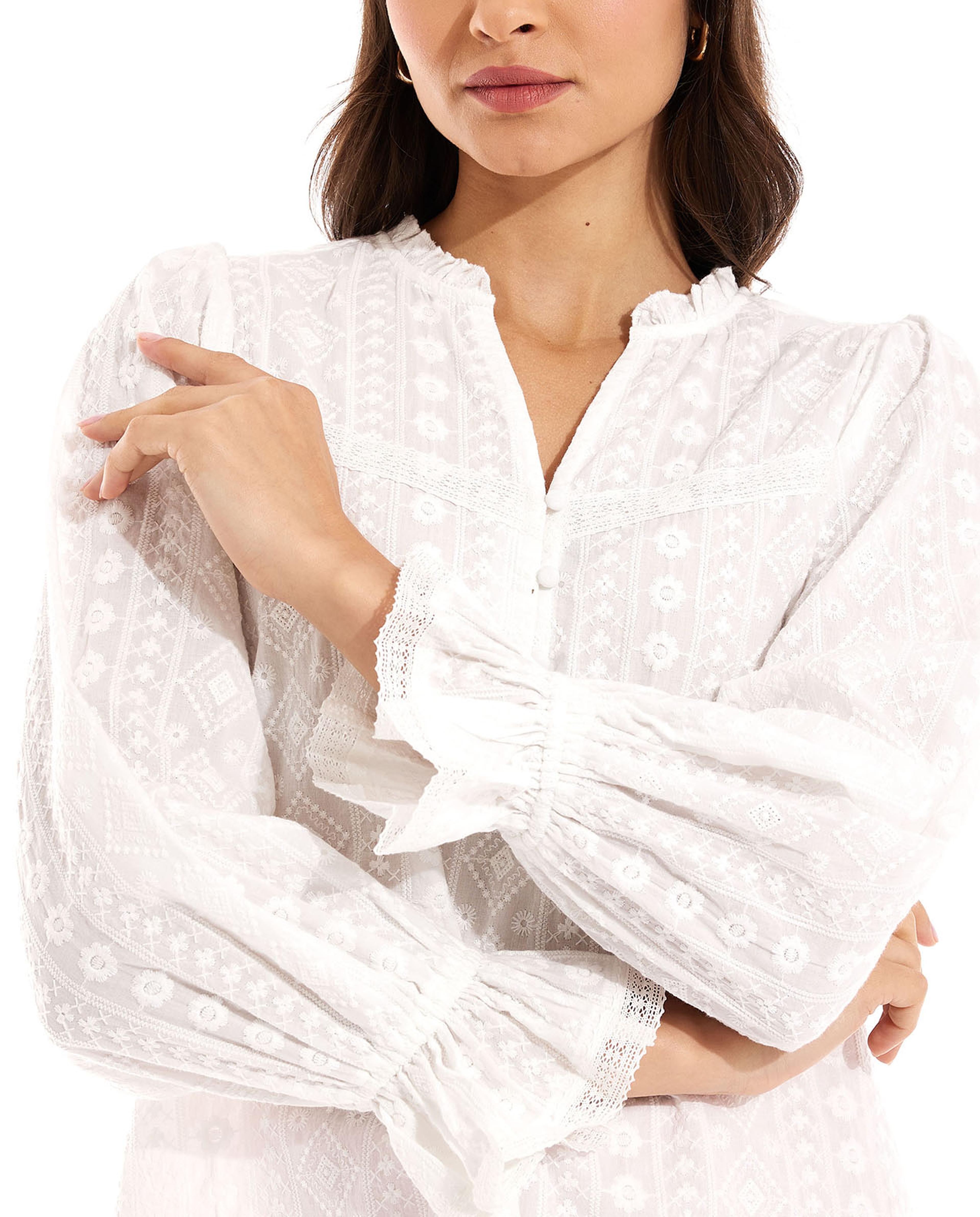 Embroidered Top with Split Neck  Long Sleeves