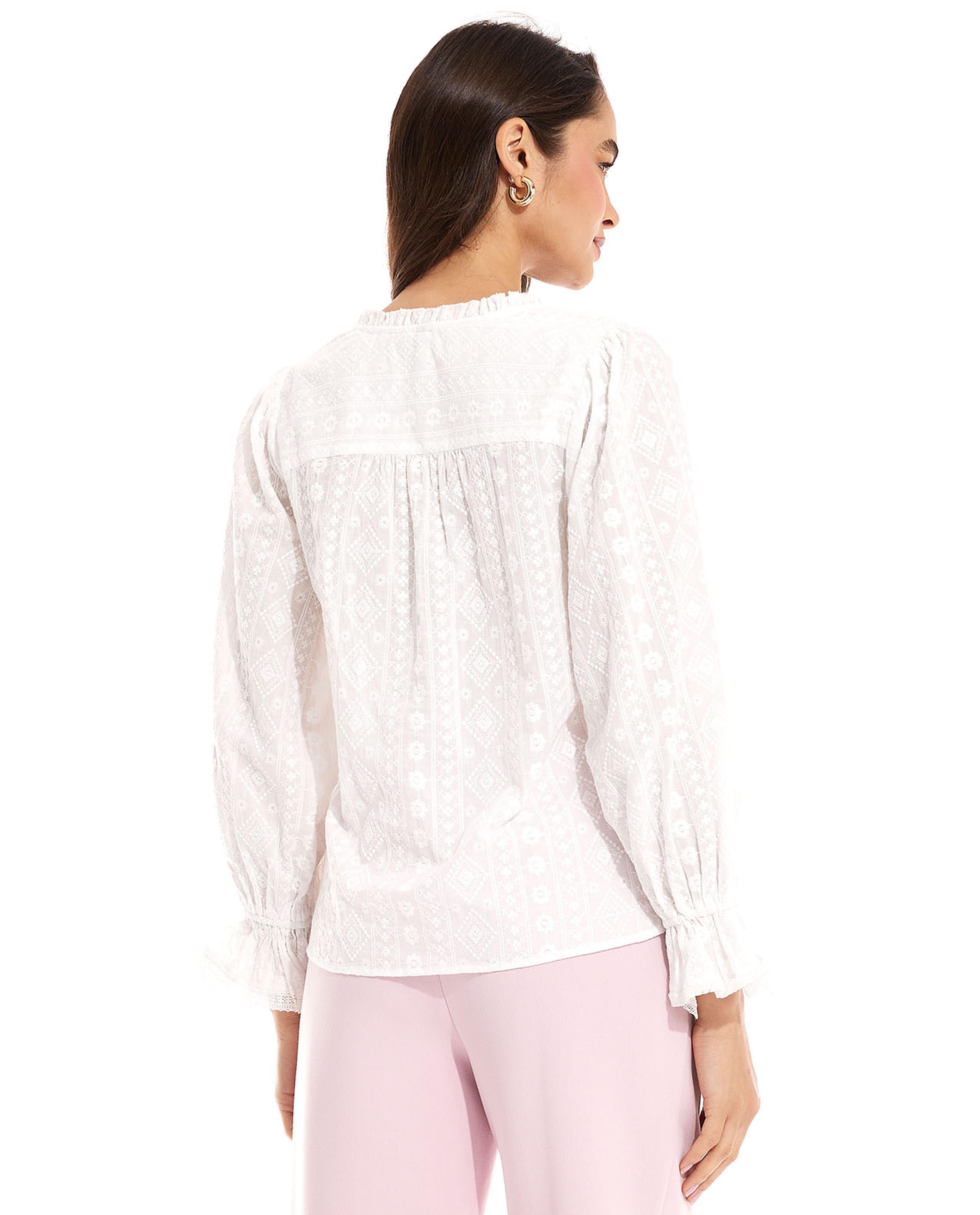 Embroidered Top with Split Neck  Long Sleeves