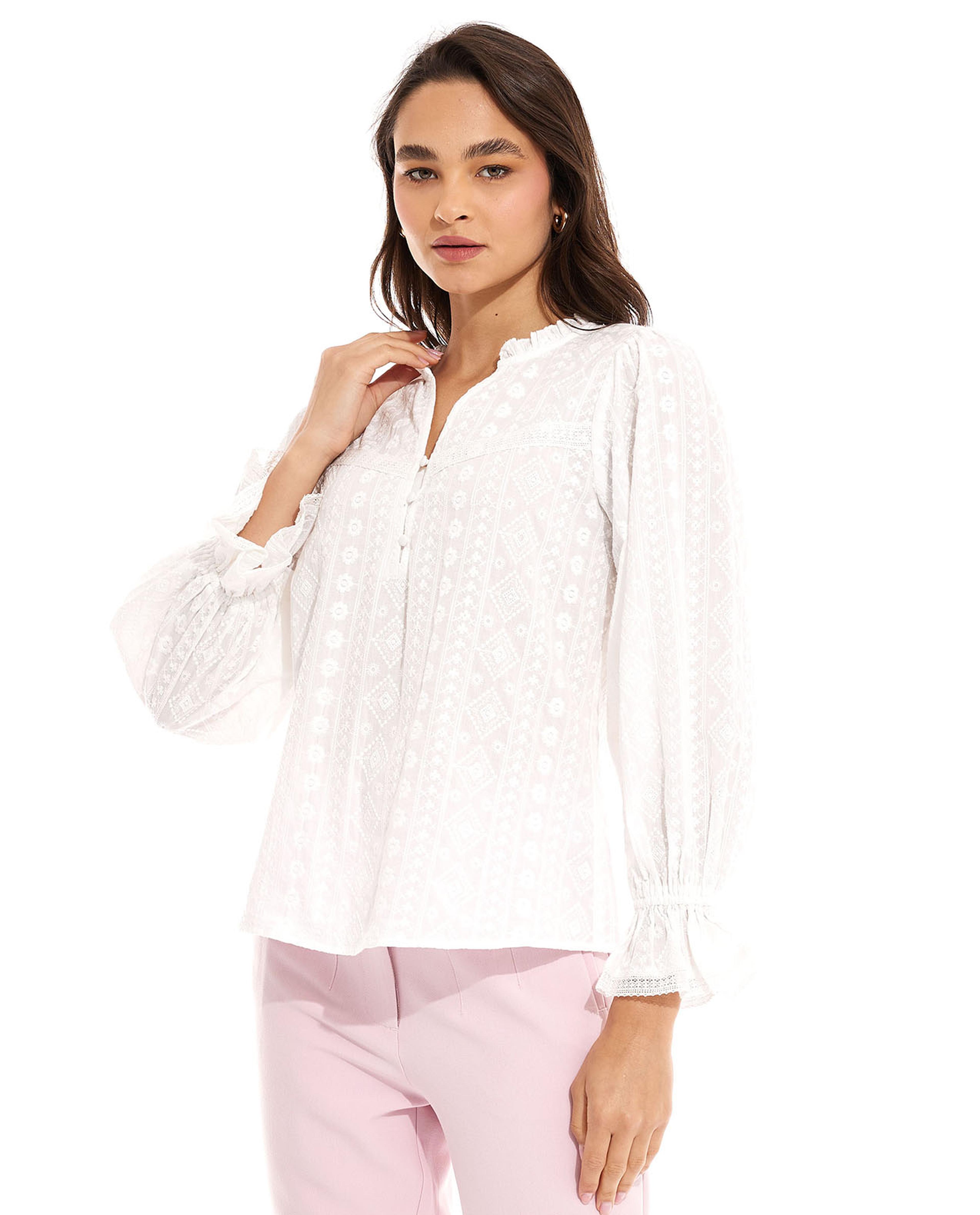 Embroidered Top with Split Neck  Long Sleeves