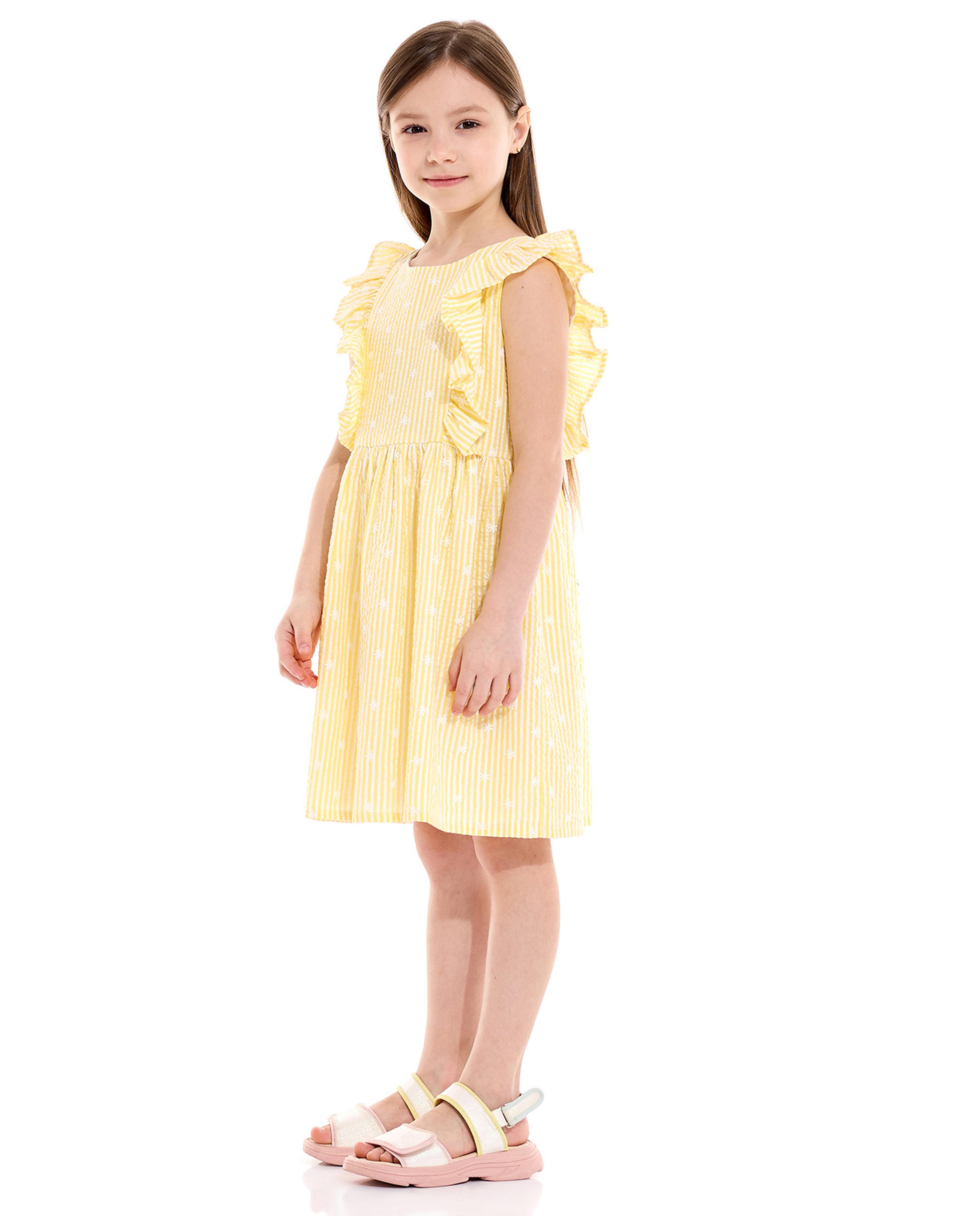 Striped Flared Dress with Crew Neck and Flutter Sleeves