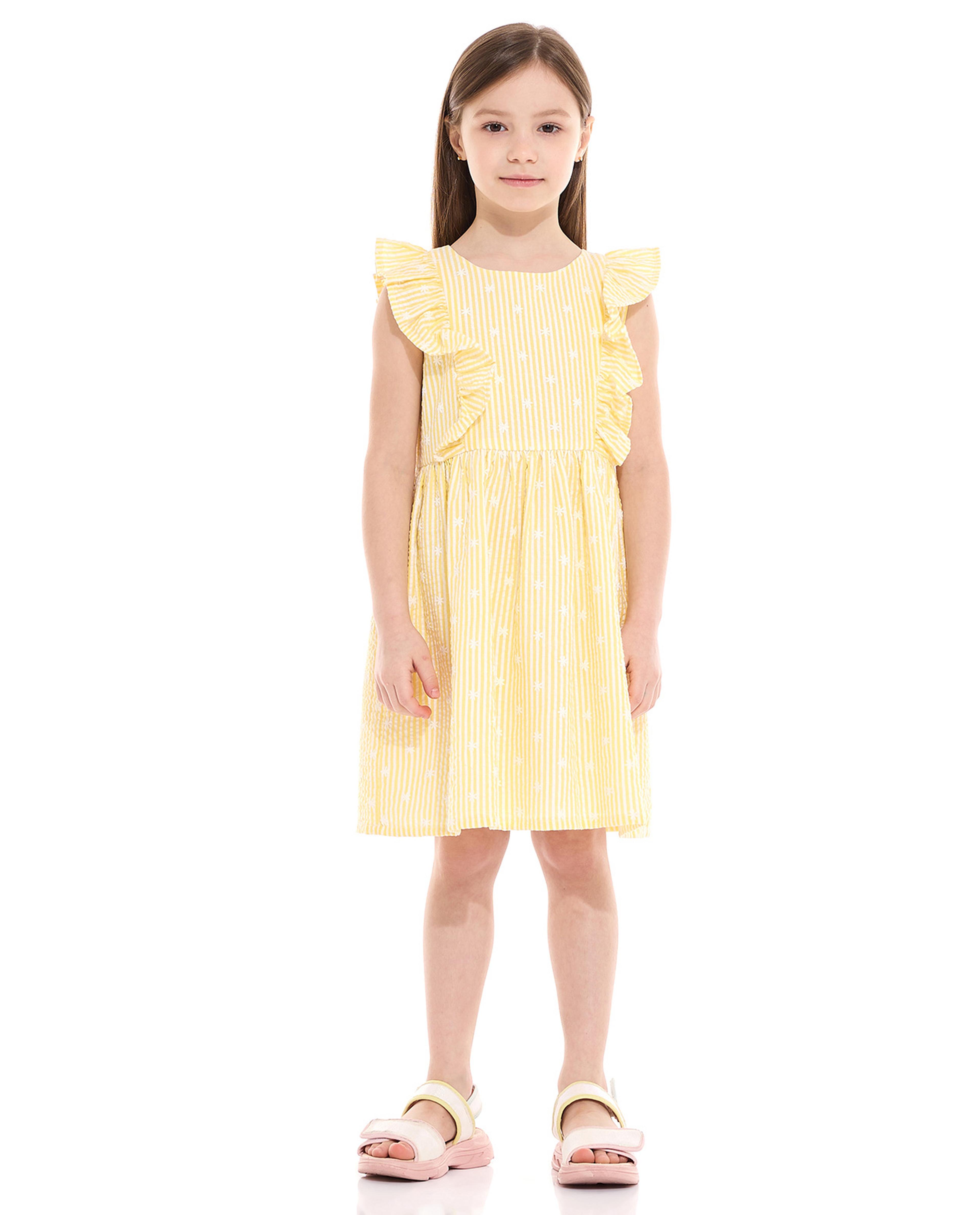 Striped Flared Dress with Crew Neck and Flutter Sleeves