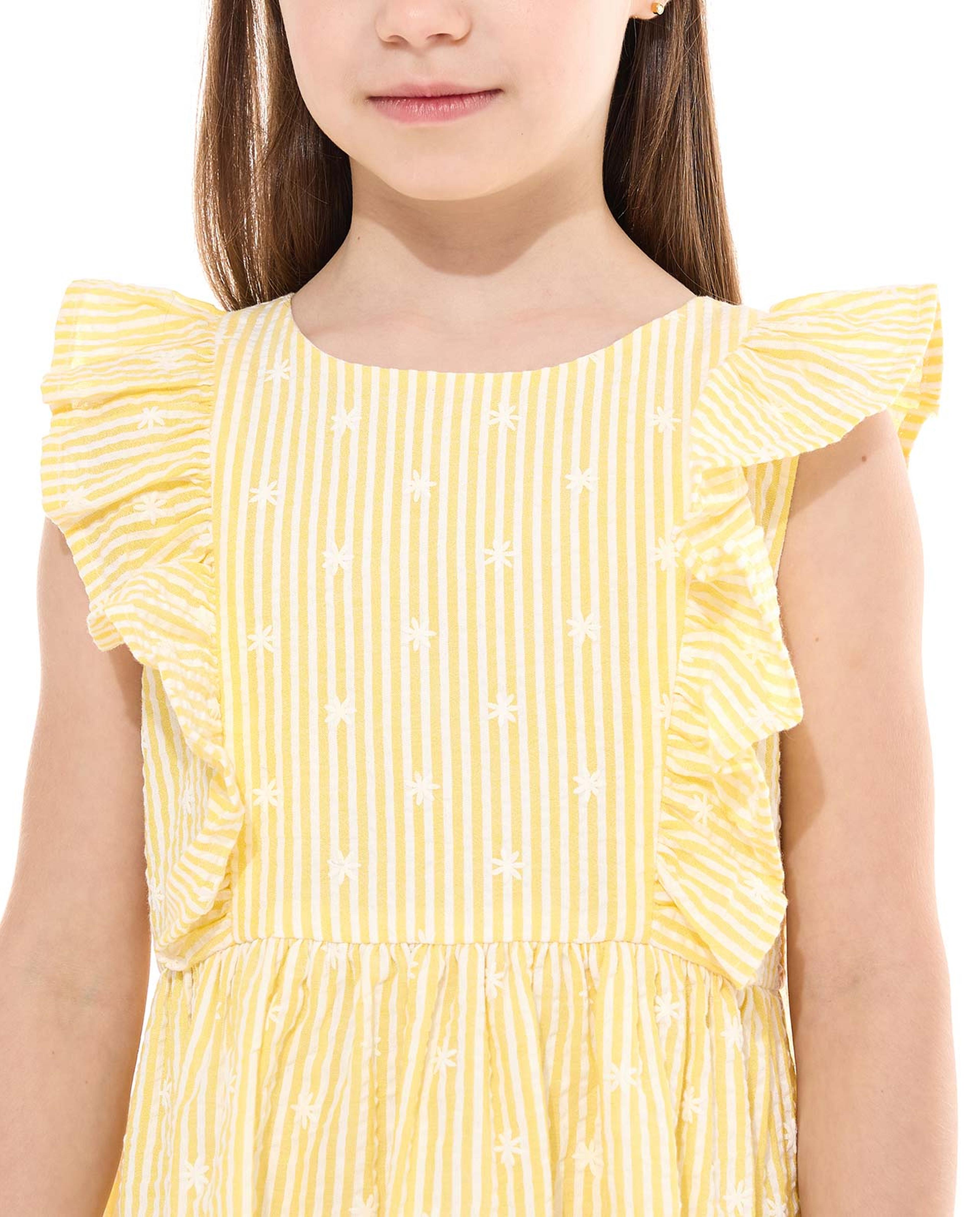 Striped Flared Dress with Crew Neck and Flutter Sleeves